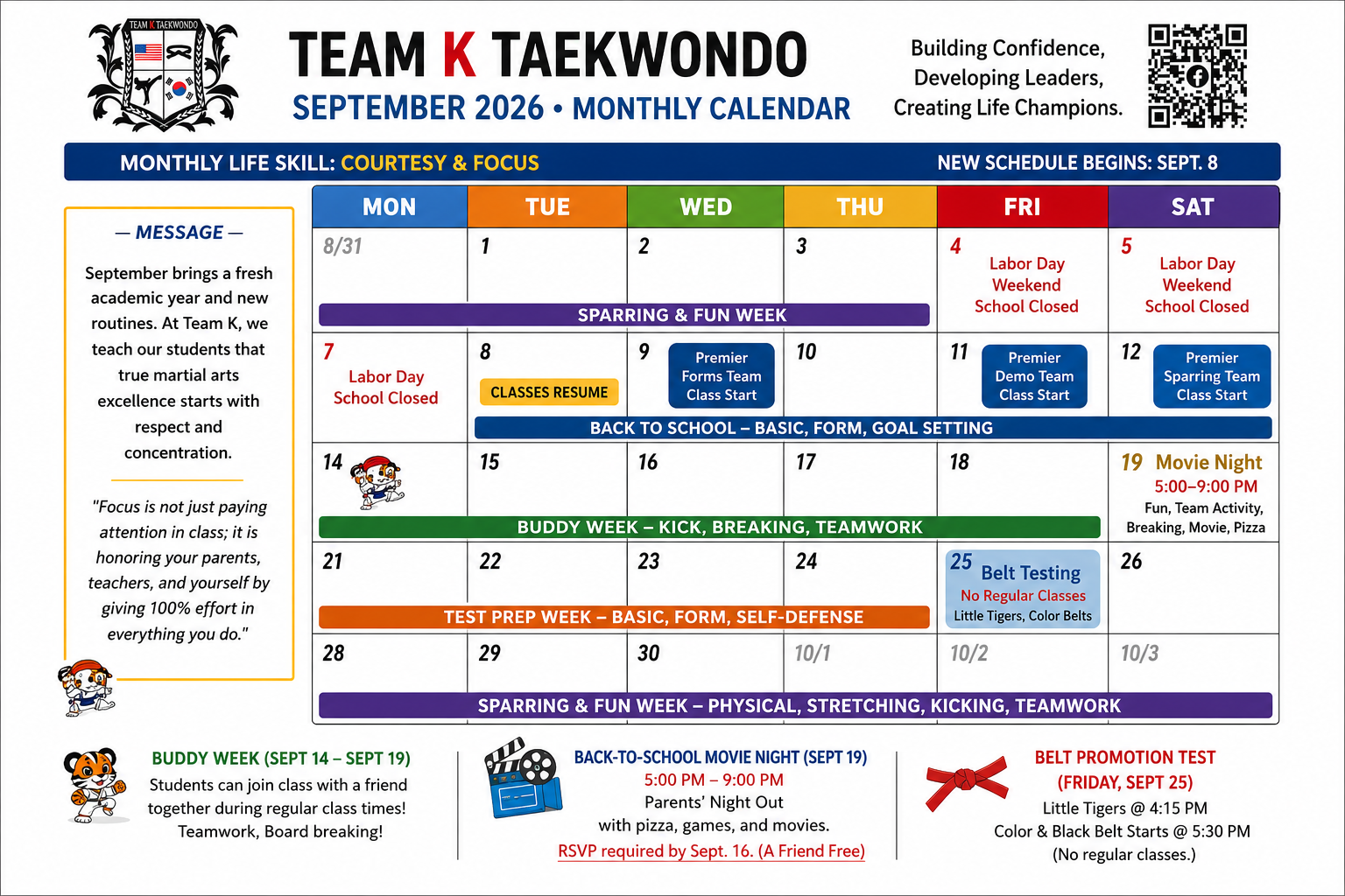 Monthly calendar for Team K Taekwondo September 2026, showing schedule with events, classes, themes, and important dates including Labor Day, movie night, belt testing, and promotion test.