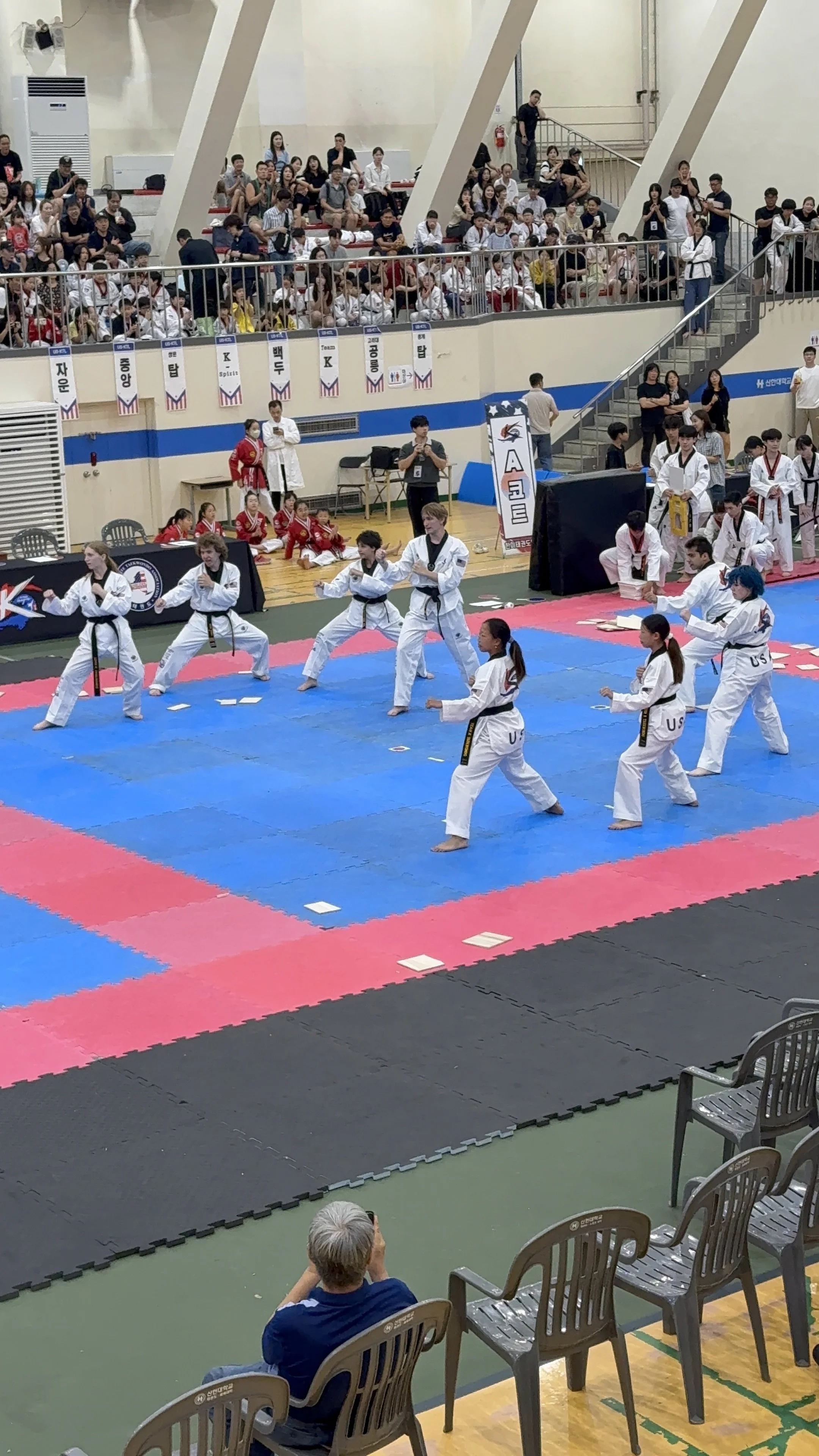 A martial arts demonstration in a gymnasium with students dressed in traditional uniforms performing movements on a mat, while an audience watches from chairs and bleachers.