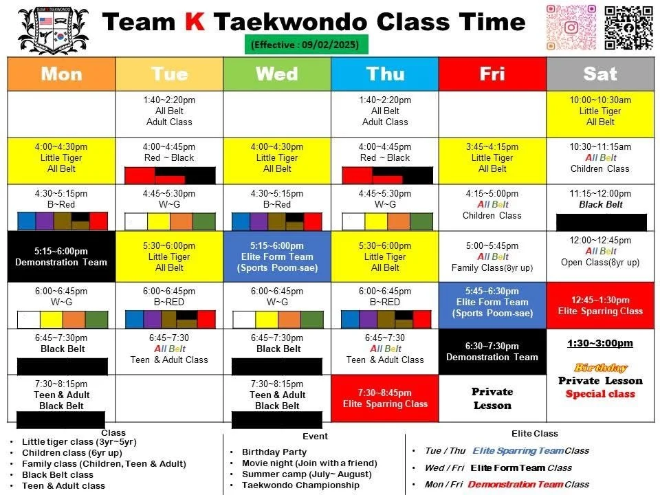 Weekly Taekwondo class schedule with color-coded classes for different belt levels and age groups, including special events like birthday parties and tournaments.