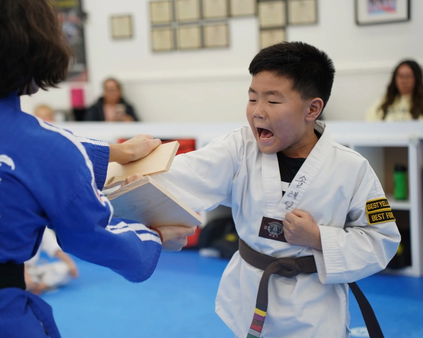 Young boy in a white martial arts gi elbowing a woman in a blue gi in a martial arts class. The boy looks like he's in pain or surprised. The woman is holding a wooden board, possibly for breaking during the demonstration. In the background, there are people and framed pictures on the wall.