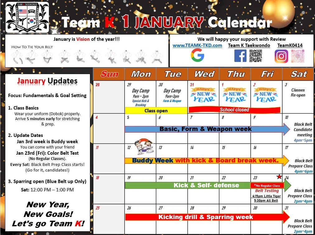January calendar for Team K Taekwondo, highlighting school holidays, training schedules, and events, with a banner celebrating the New Year and goals.