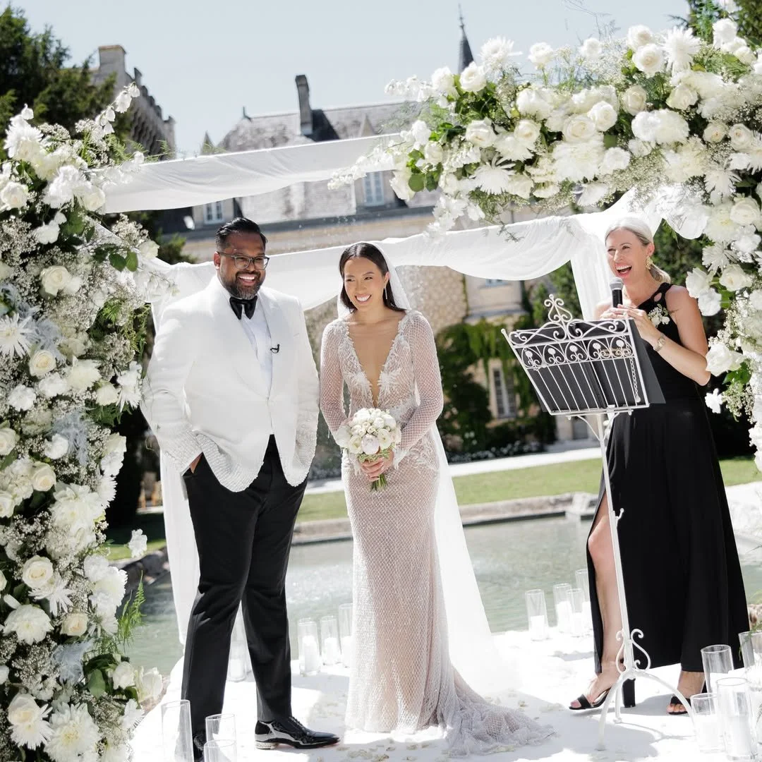A wedding ceremony outdoors at Chateau de la Couronne, with Laura The Chateau Celebrant.