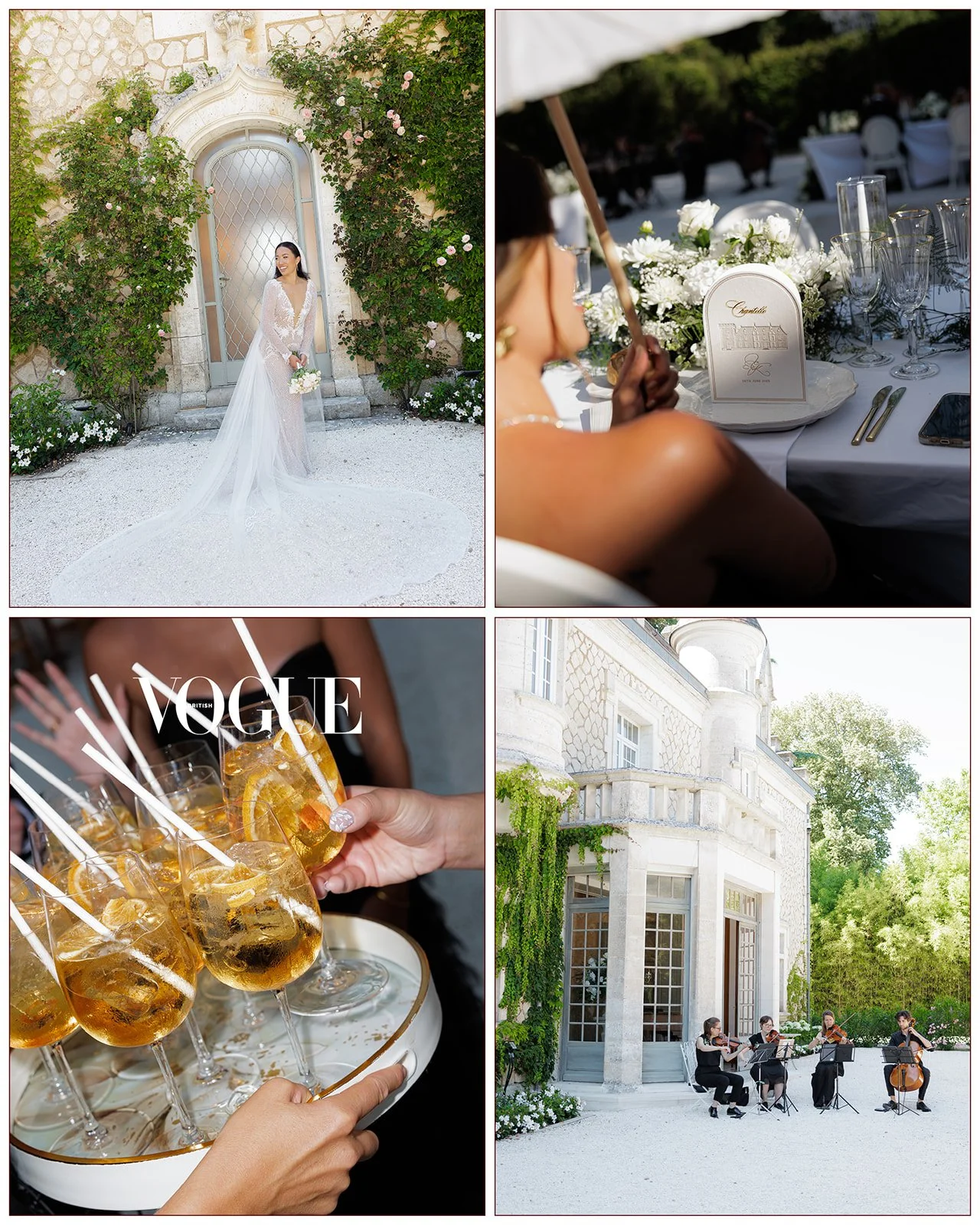 A collage of four images from a wedding event. The first shows a bride in a wedding dress standing outside a historic building with greenery. The second is a close-up of a woman sitting at a table with floral arrangements and a table number. The third shows a tray of Aperol spritz cocktails "Vogue"