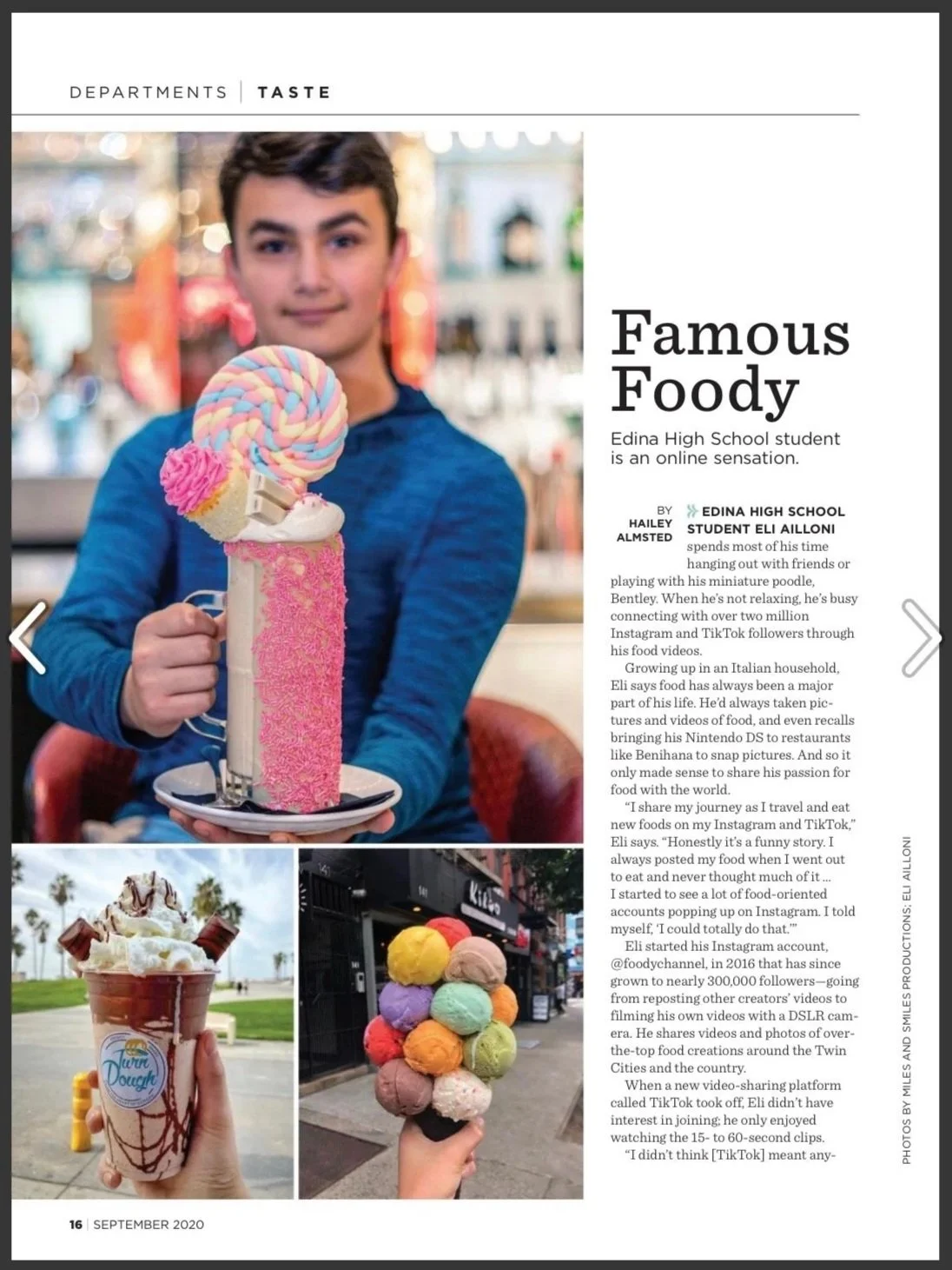A teenage boy in a blue hoodie holding a tall milkshake with colorful candy and a large rainbow-colored lollipop on top, in a cafe or dessert shop. Two smaller images show a hand holding an ice cream sundae with chocolate drizzles and whipped cream and a large multi-scoop ice cream cone with various flavors.
