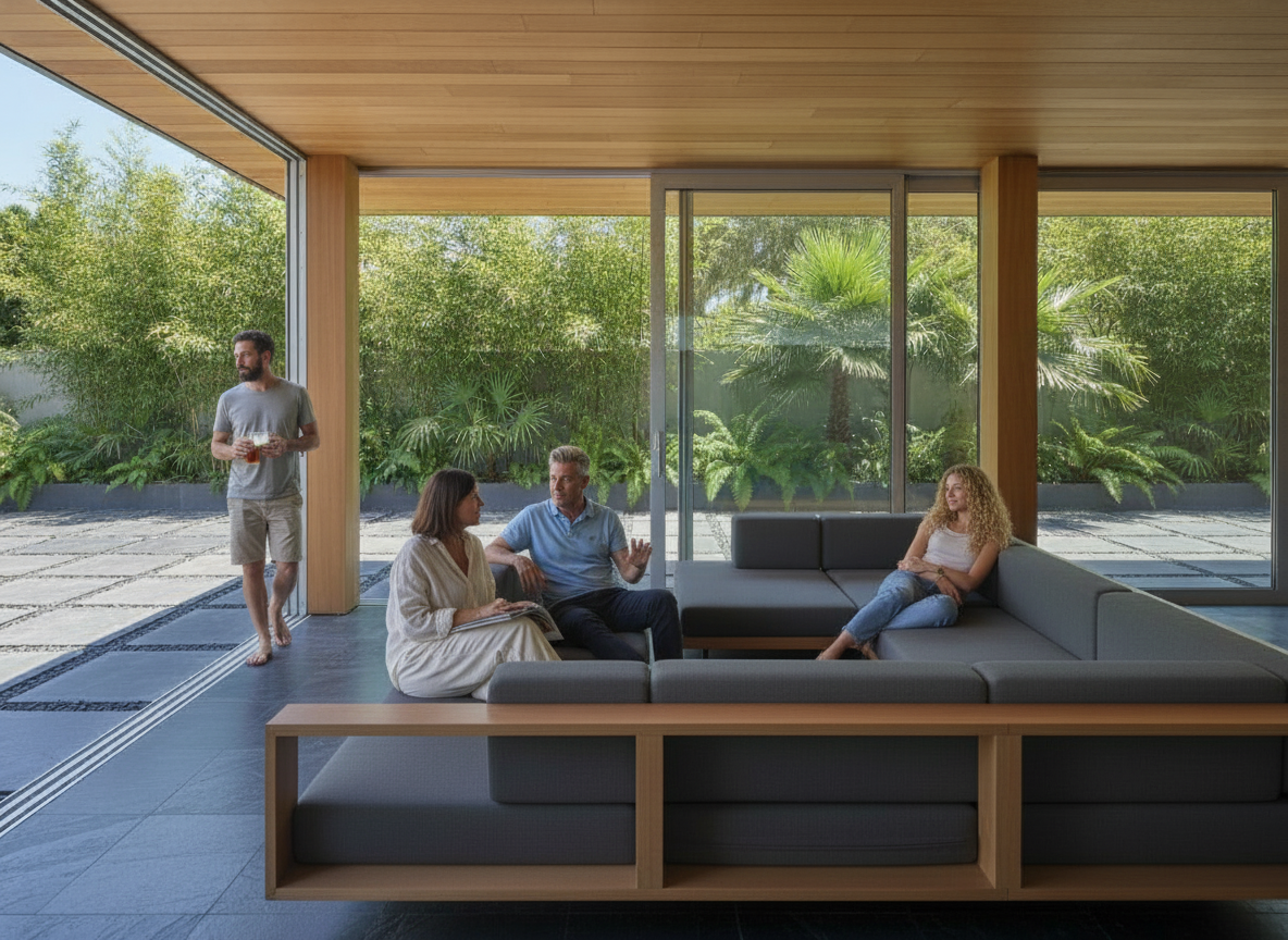Modern living room with large glass sliding doors, wooden ceiling, and green outdoor plants. Four people are inside, sitting on a sectional sofa and standing near the door, engaged in conversation.