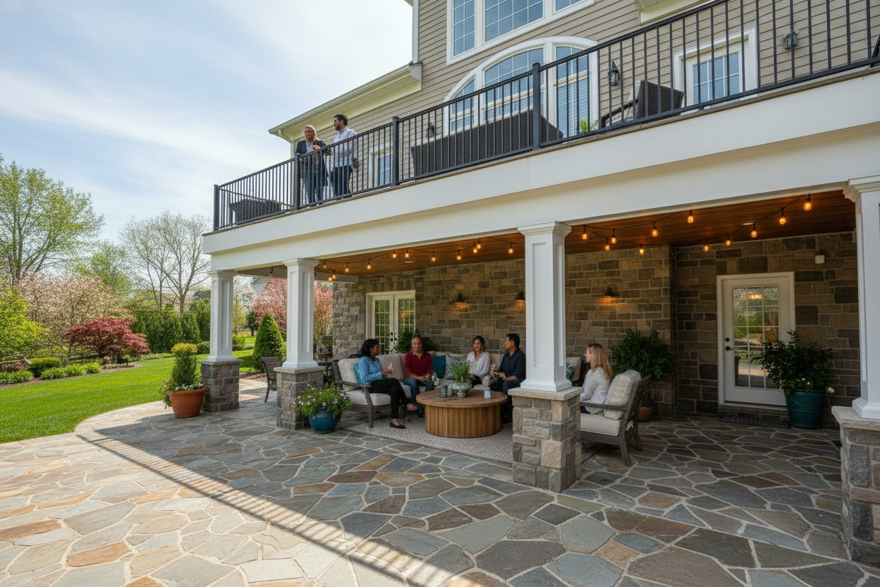 People relaxing on patio underneath a balcony in a backyard garden.