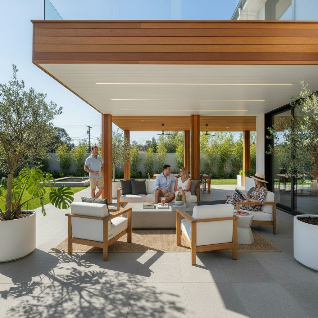People relaxing on outdoor patio with modern wooden furniture, large potted plants, and a shaded roof, in a backyard setting.