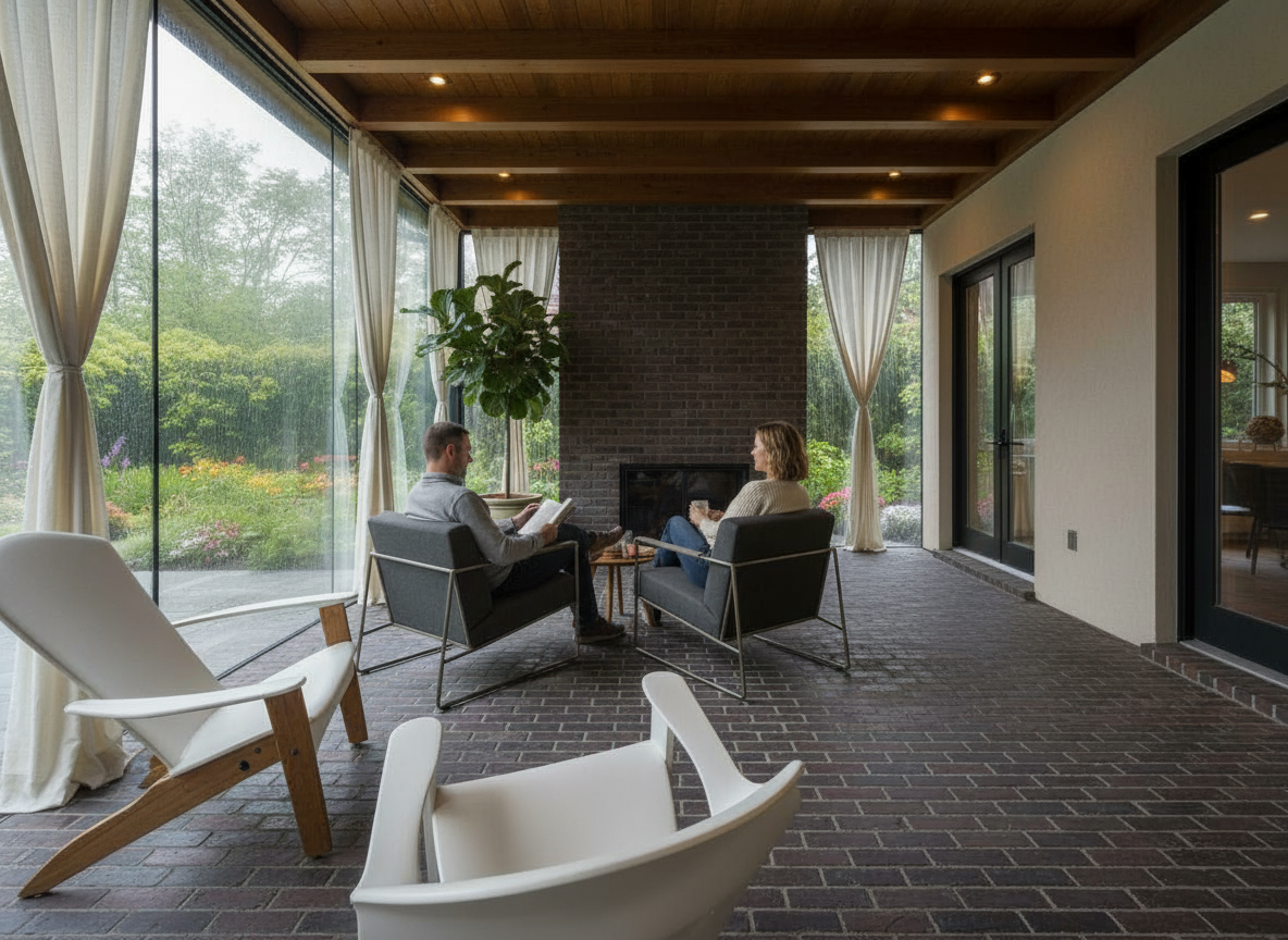 Two people sitting by a fireplace in a bright living room with large windows and curtains, greenery outside, and modern furniture.