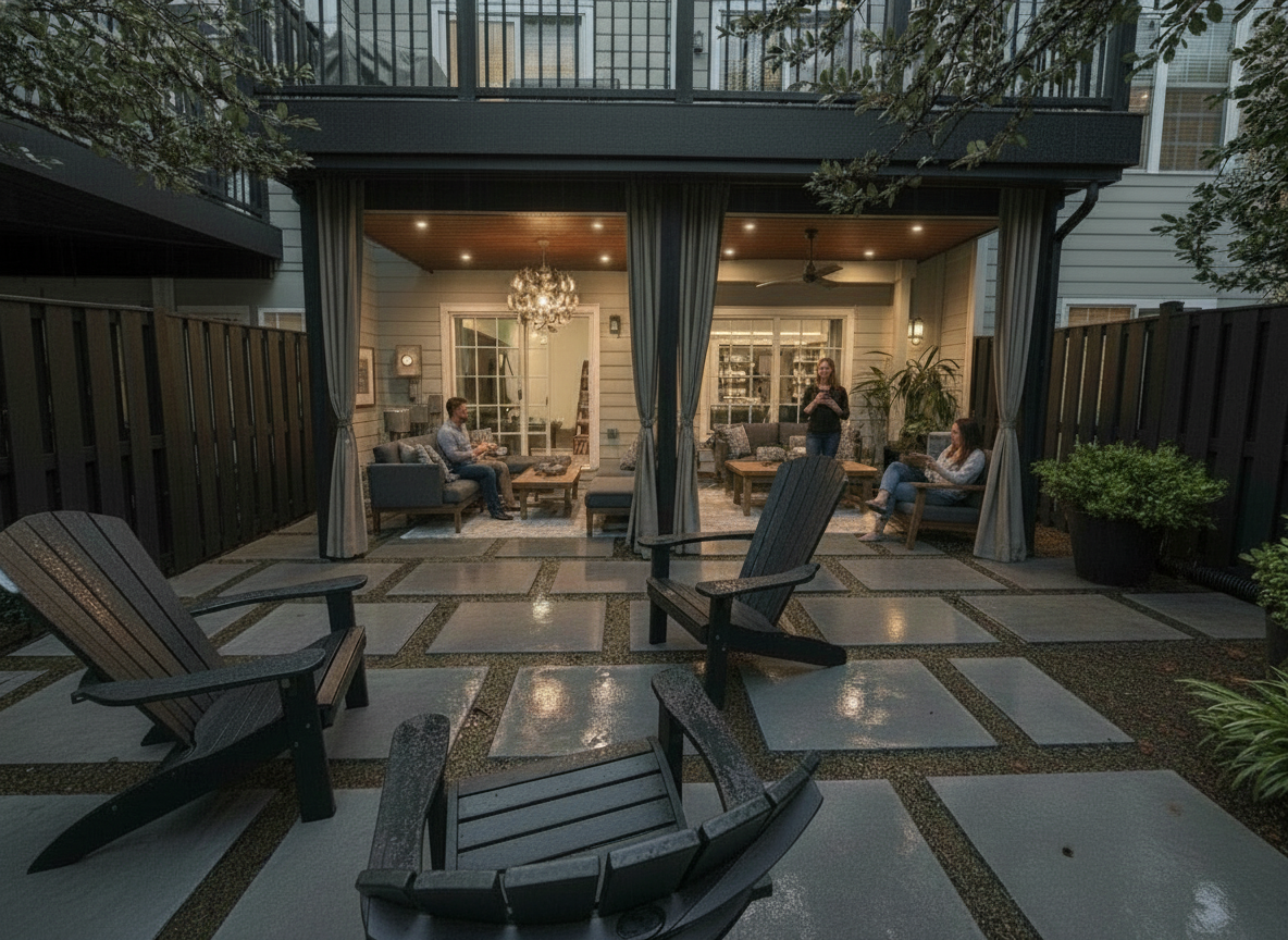 Patio with outdoor chairs and a covered outdoor living space with people inside