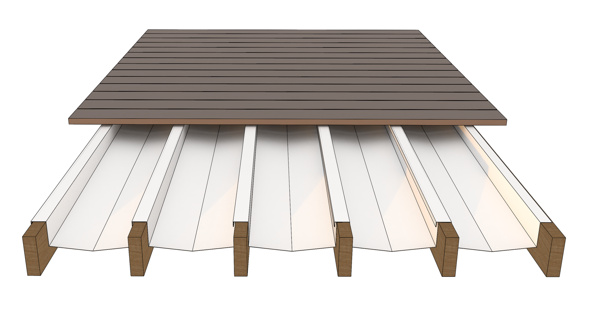 Cross-section of a building roof showing wooden rafters, insulation material, and a weatherproof outer layer.