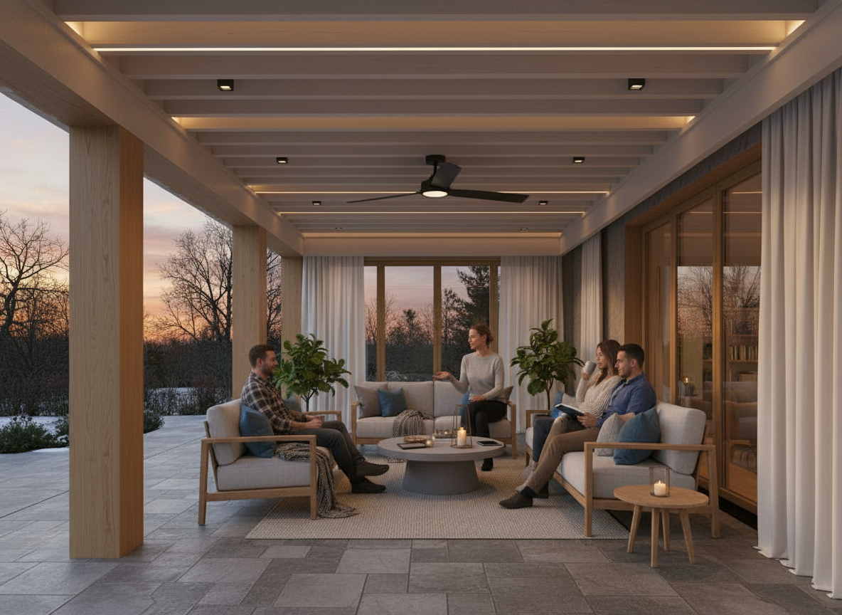 Group of five people having a conversation inside a modern living room with large windows overlooking an outdoor landscape at sunset. The room has a ceiling fan, candles on the coffee table, and surrounded by white curtains and wooden accents.