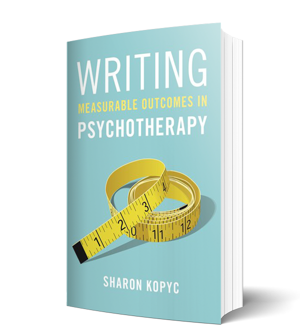 Book titled 'Writing: Measurable Outcomes in Psychotherapy' by Sharon Kopyc, featuring a yellow measuring tape on the cover.