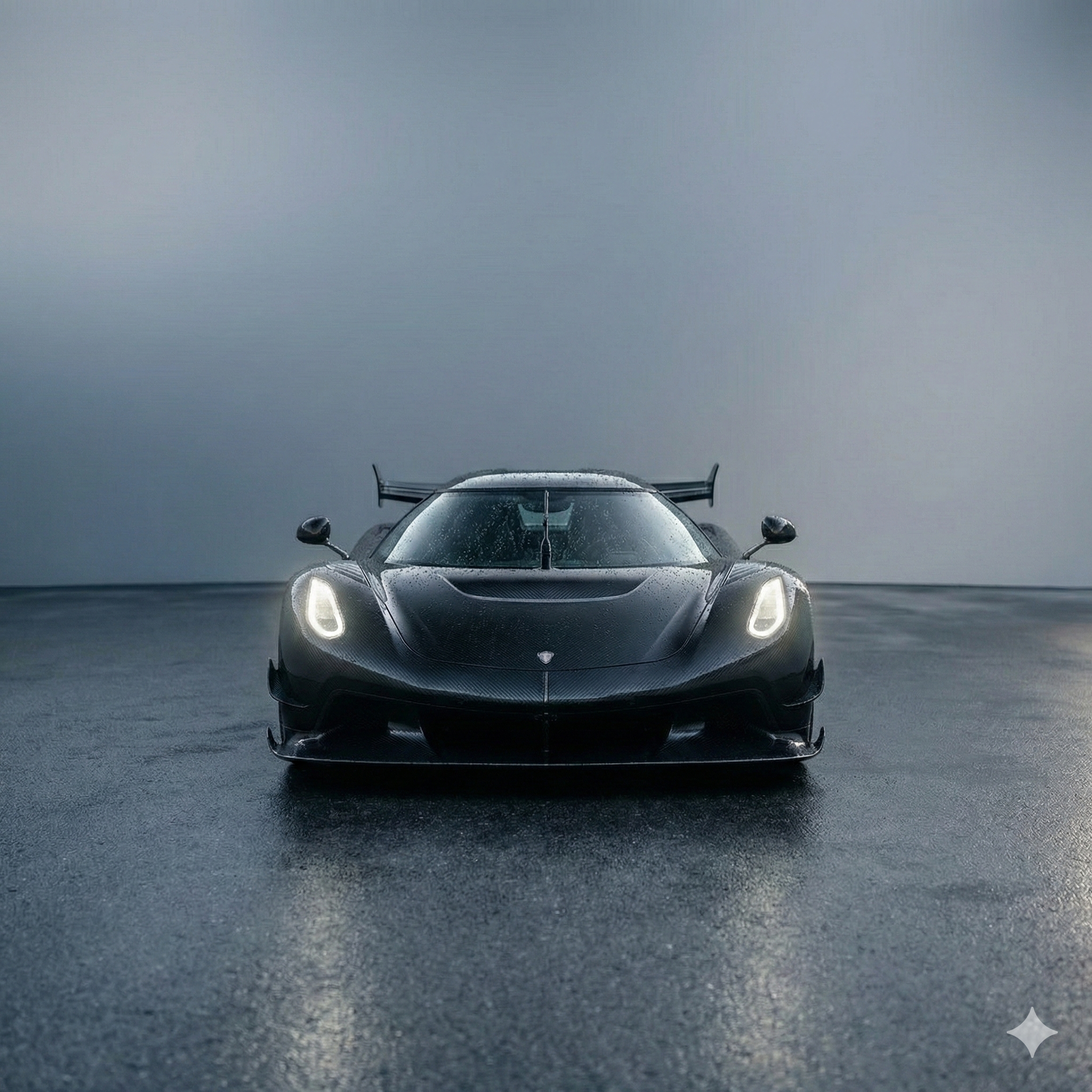 A sleek black racing car with wet surface, illuminated headlights, and a prominent rear wing, parked on a wet asphalt surface with a gray, foggy background.
