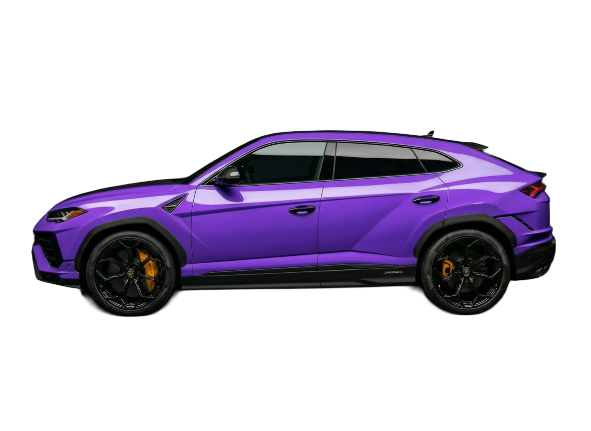 A purple Lamborghini Urus SUV against a black background.