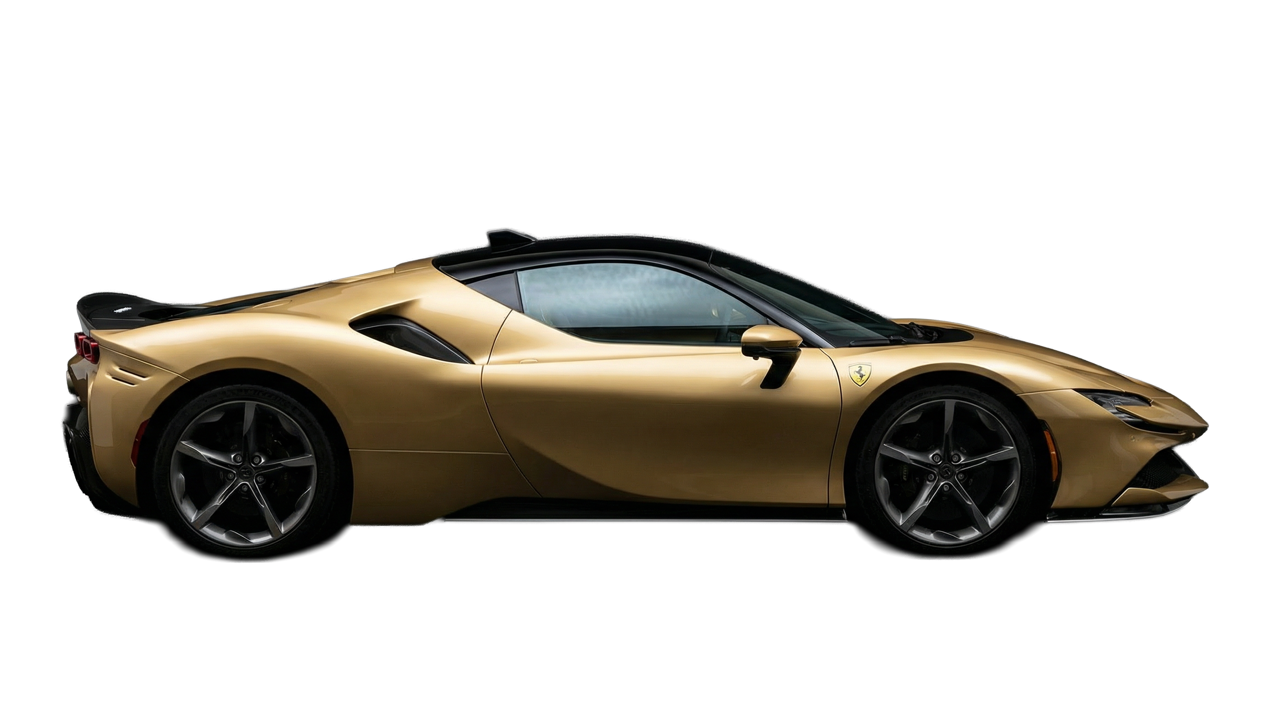 Gold Ferrari sports car viewed from the side against a black background.