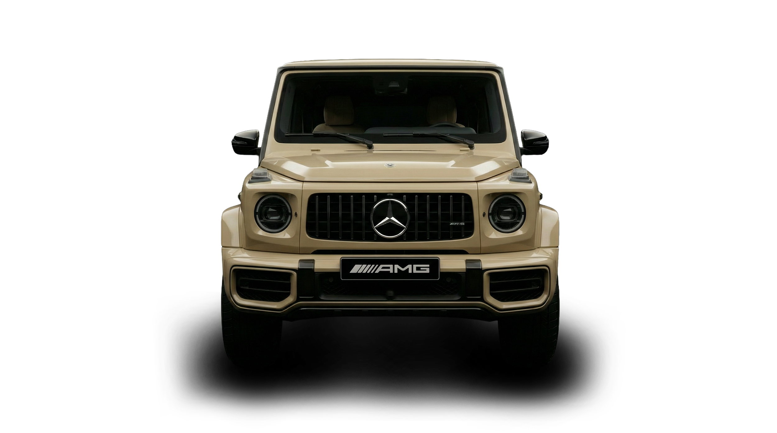 Front view of a beige Mercedes-Benz AMG G-Class SUV with a black grille and Mercedes emblem, set against a black background.