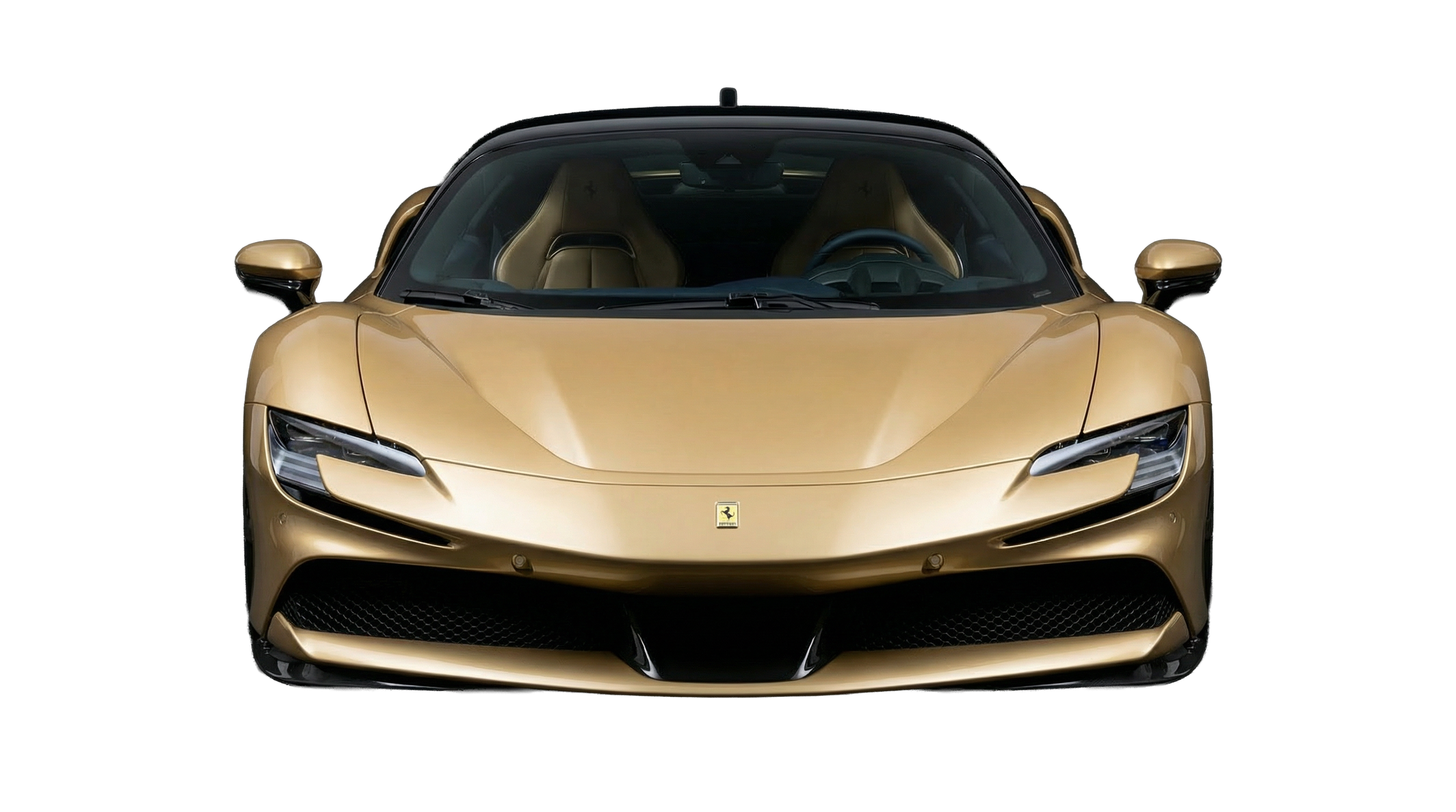 Front view of a gold Ferrari sports car with a black background.