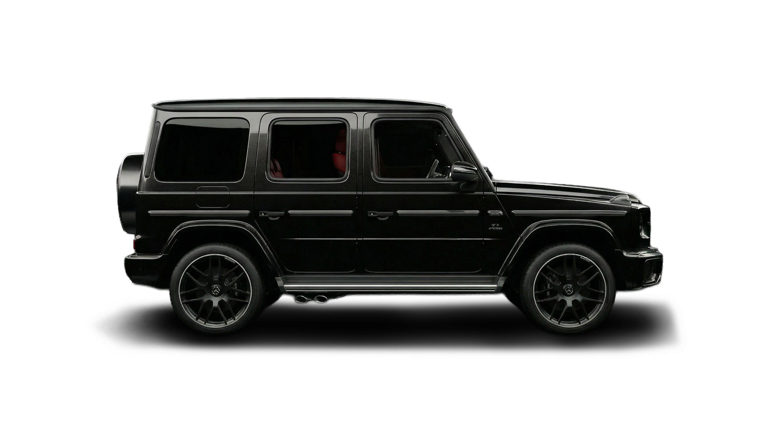 Black luxury SUV vehicle with tinted windows, large wheels, and dual exhaust pipes, side view