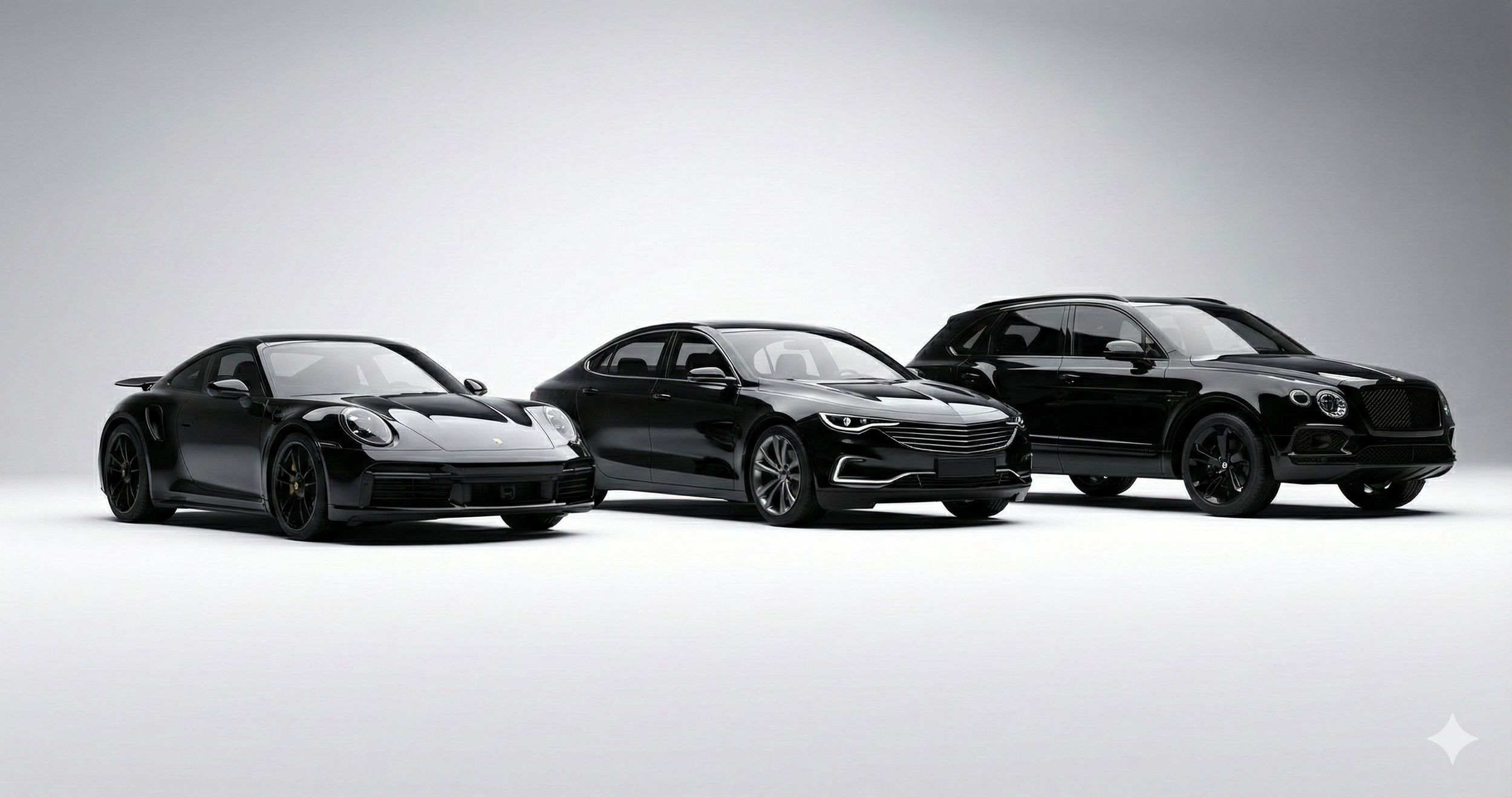 Three black luxury cars are lined up on a white background, including a sports car, a sedan, and an SUV.