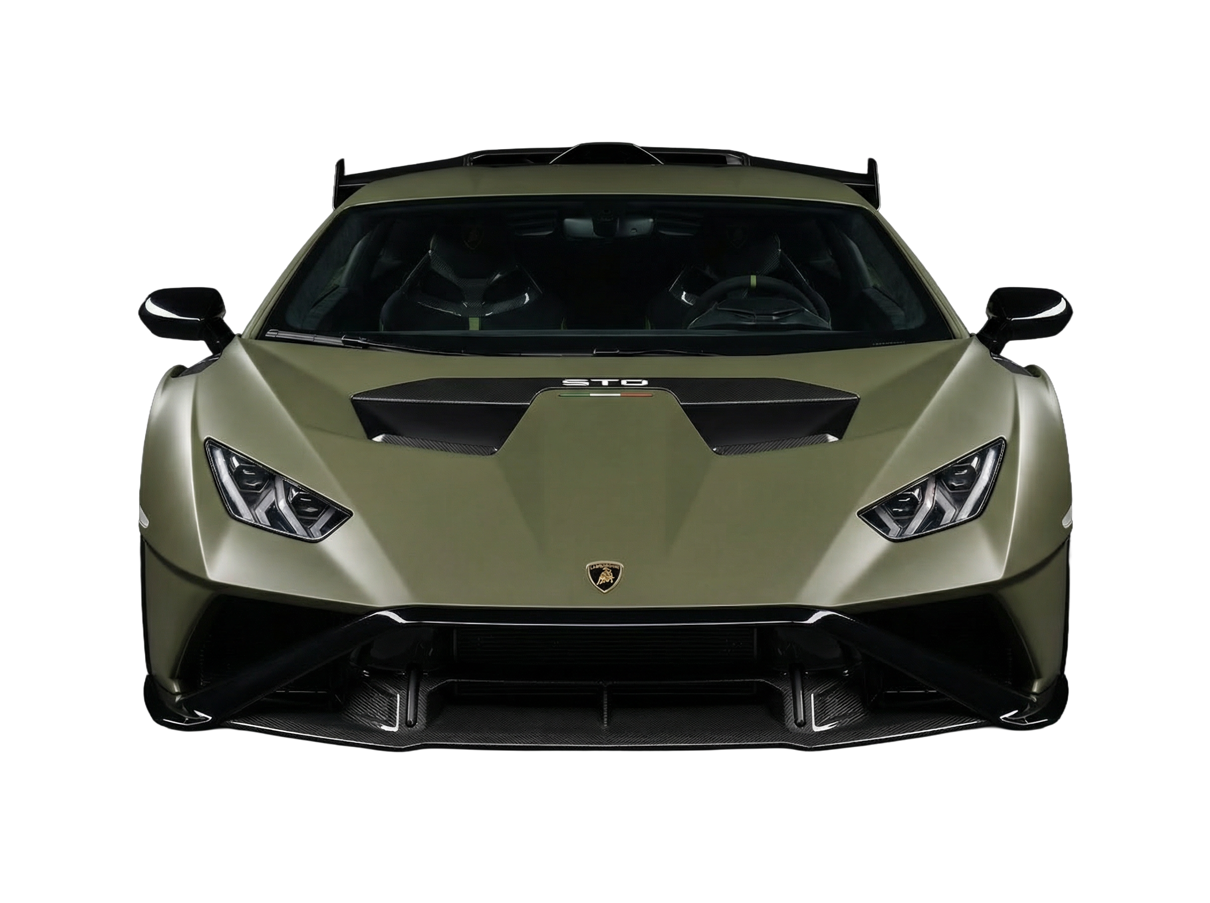 Front view of a matte green Lamborghini sports car with black accents and racing seats inside.
