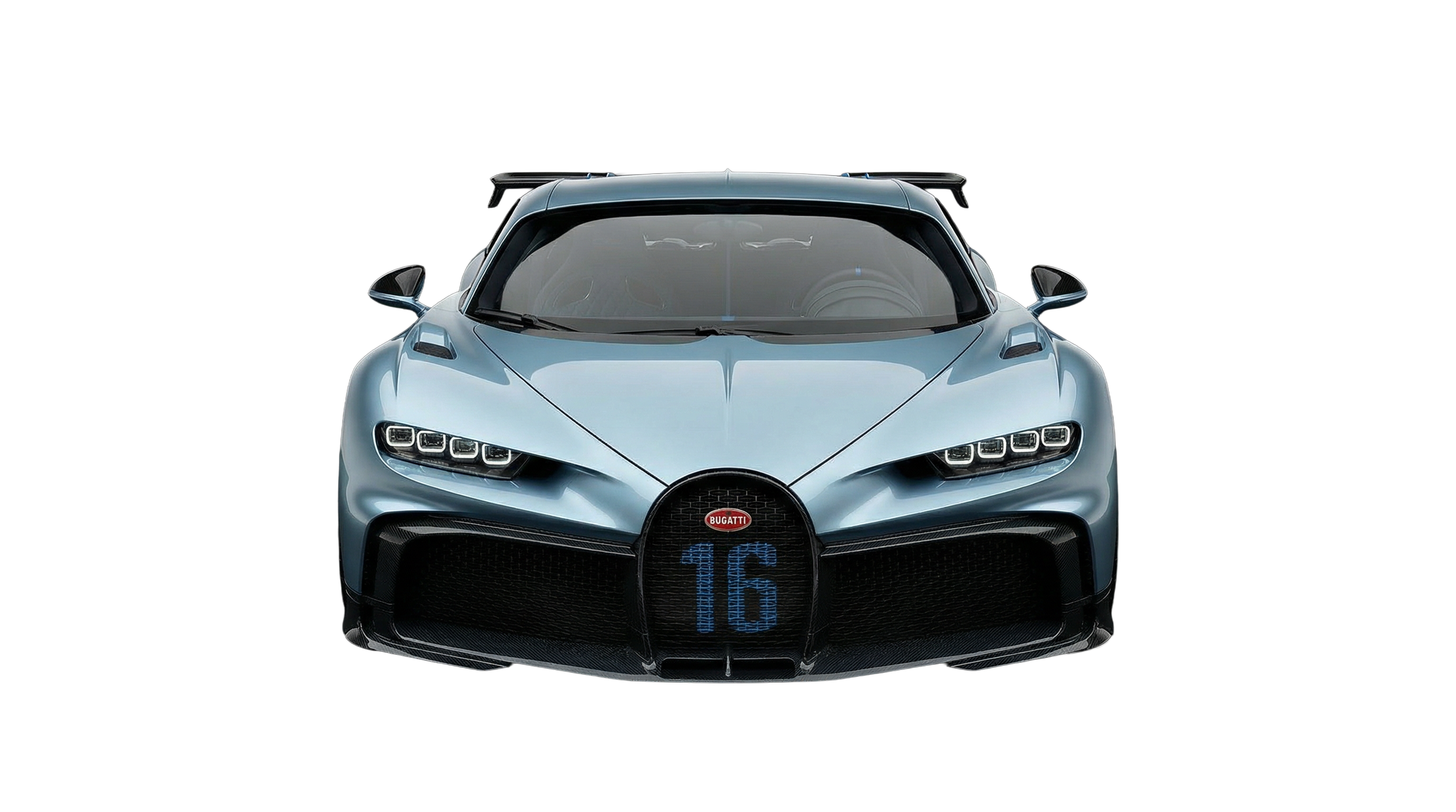 Front view of a silver Bugatti sports car with the number 16 on the front grille, set against a black background with some purple and red abstract lines.