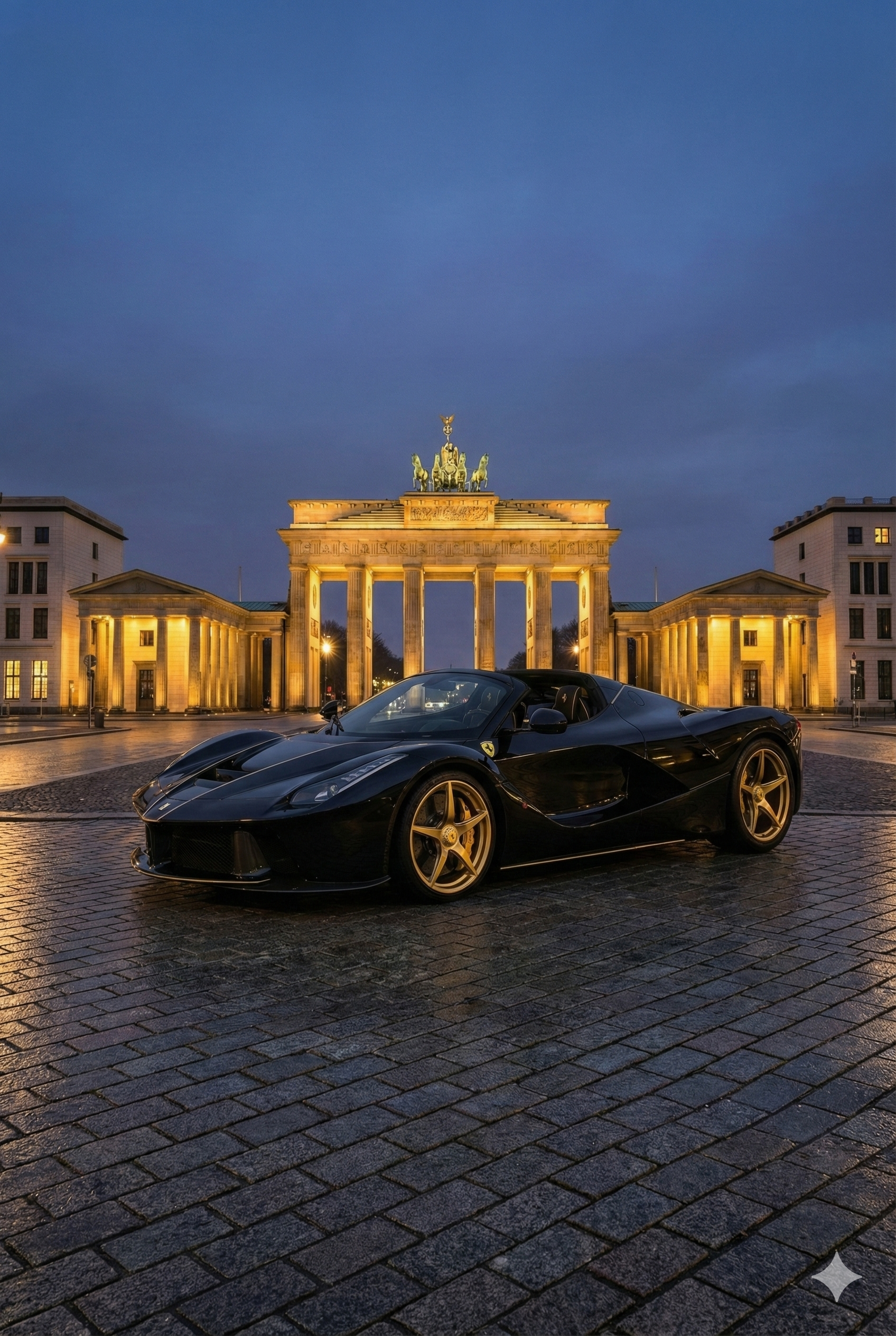 A black Ferrari sports car parked on cobblestone street in front of the illuminated Brandenburg Gate in Berlin, Germany, at dusk.