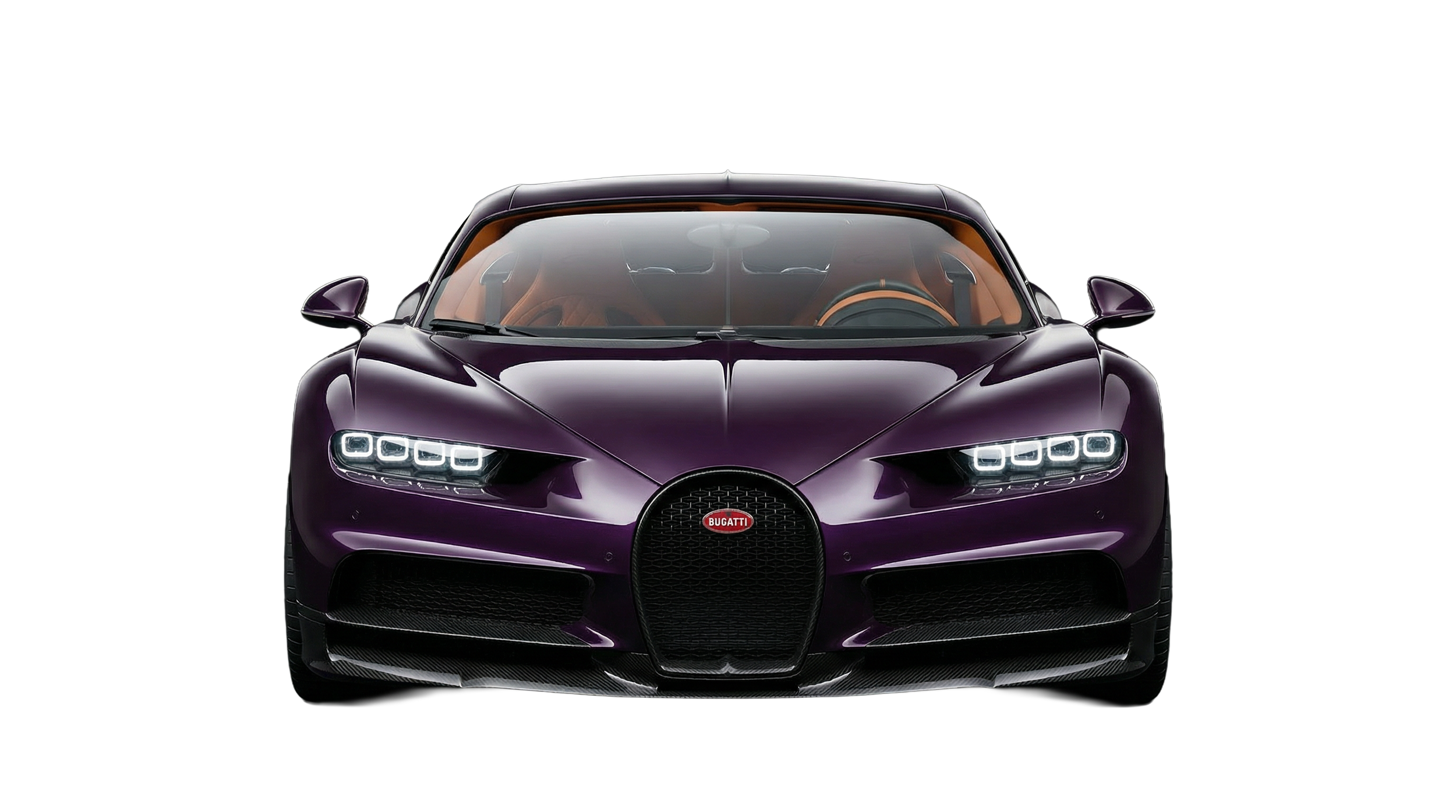 Front view of a purple Bugatti sports car with LED headlights, set against a black background.