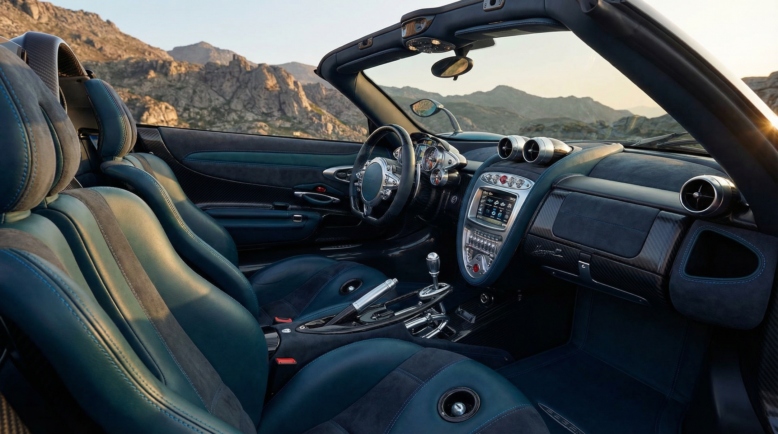 Interior of a luxury sports car with black leather seats, a modern dashboard with a touchscreen display, and a mountain landscape visible through the windshield.