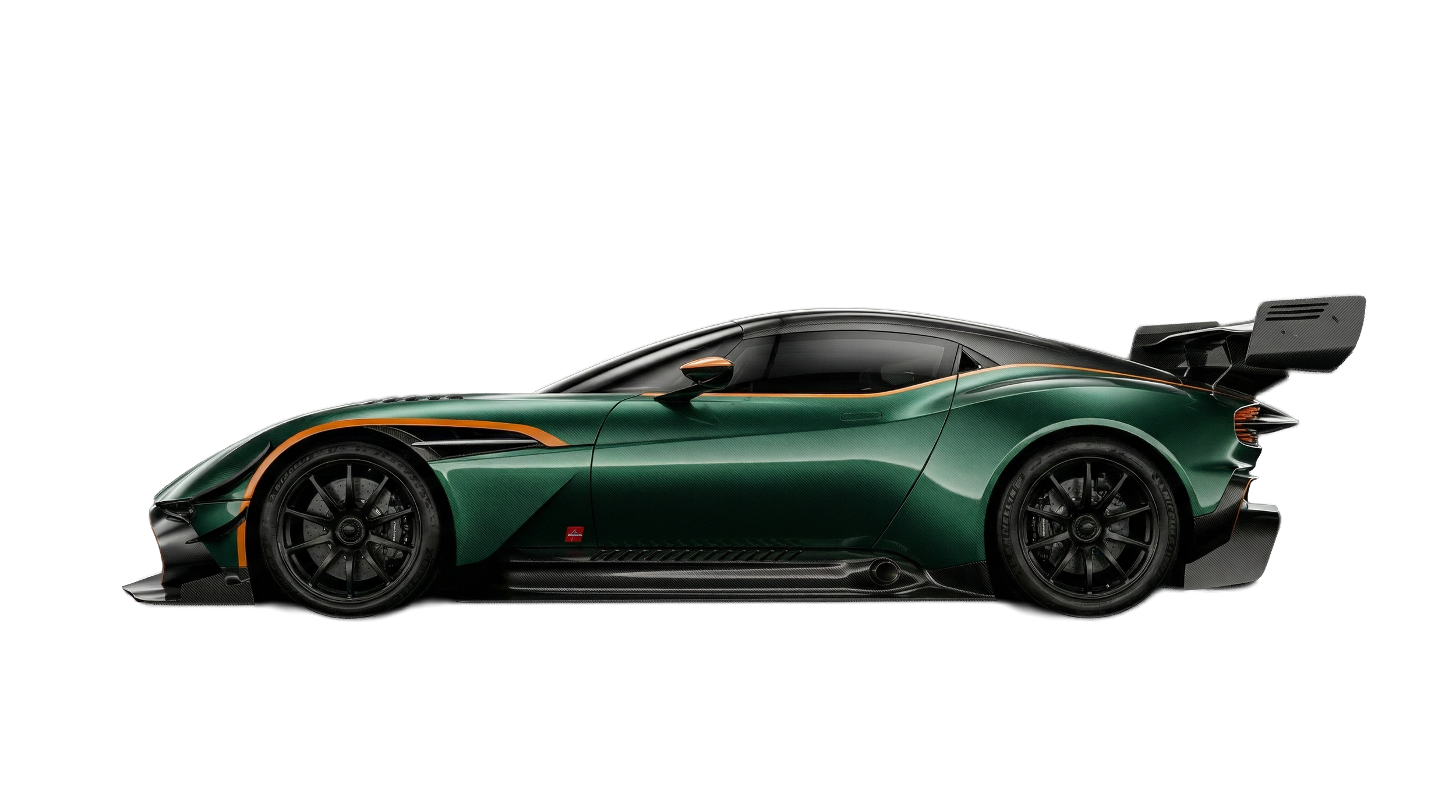 A sleek green race car with black accents and aerodynamic design on a black background.