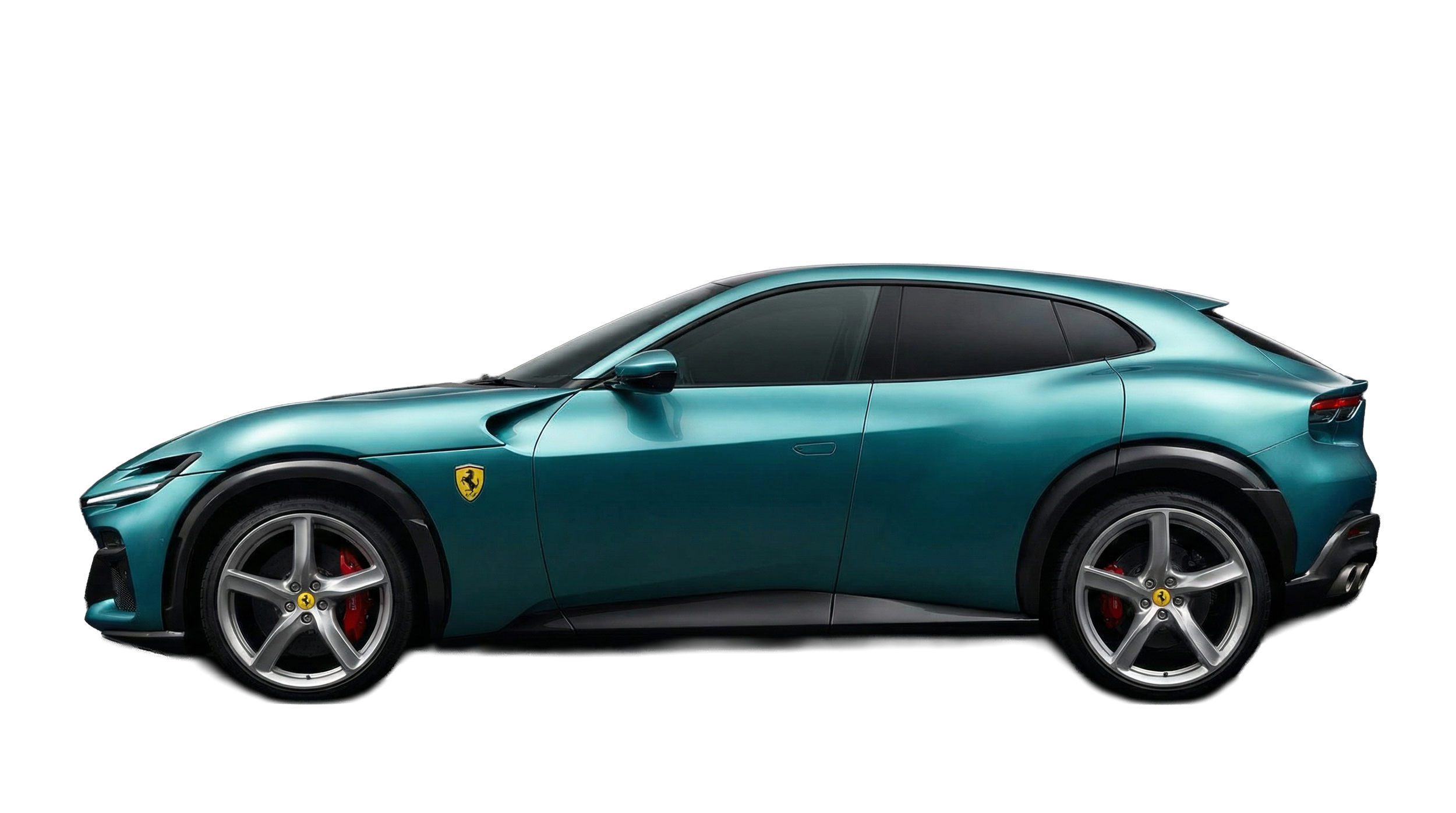 A teal-colored Ferrari sports car with black accents and red brake calipers, set against a black background.
