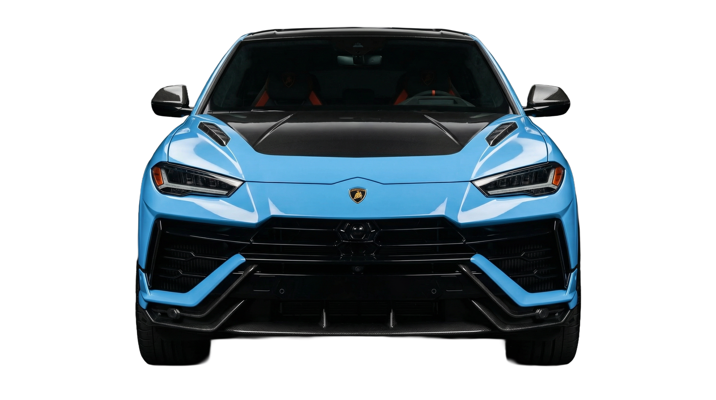 Front view of a blue Lamborghini Huracan with black accents, facing forward, against a red and black background.