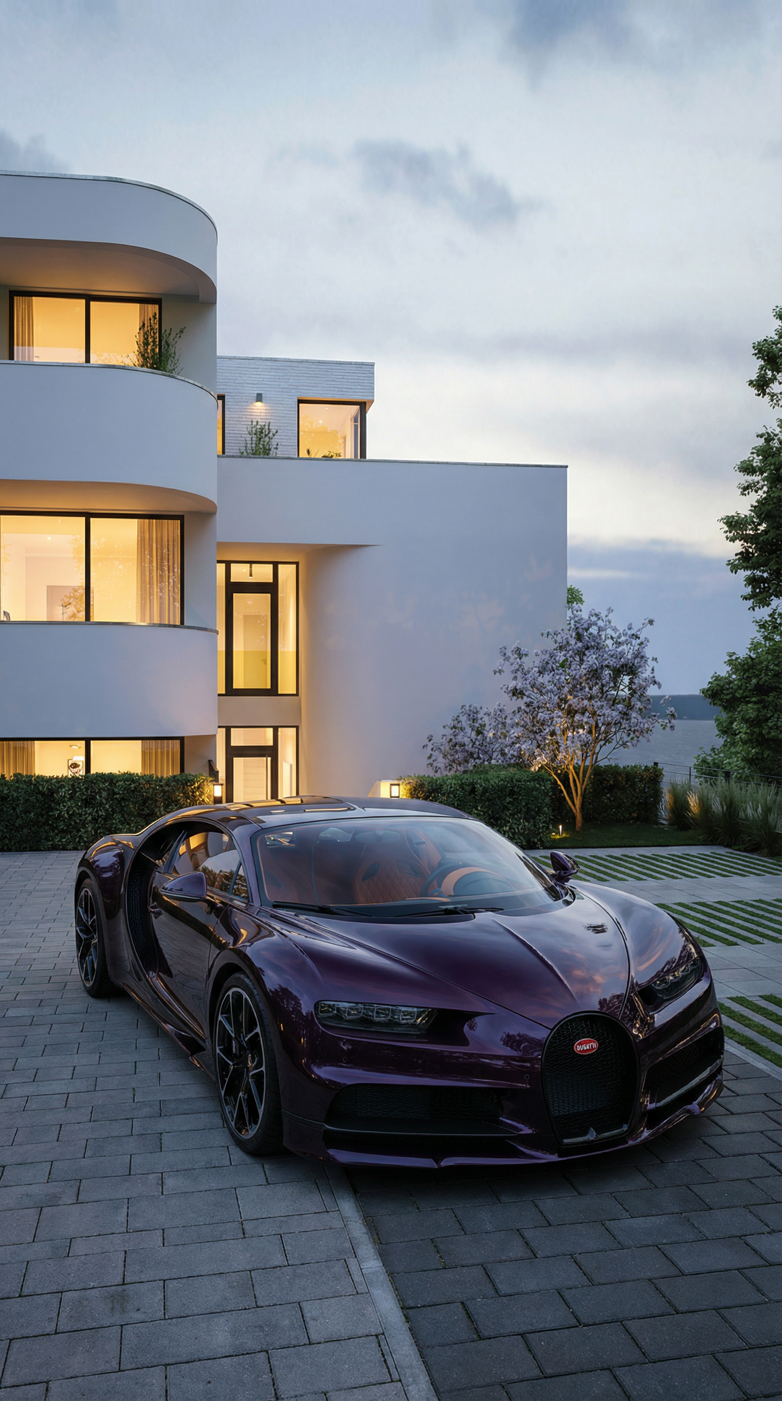 A purple Bugatti sports car parked outside a modern white residential building with curved balconies, during early evening.