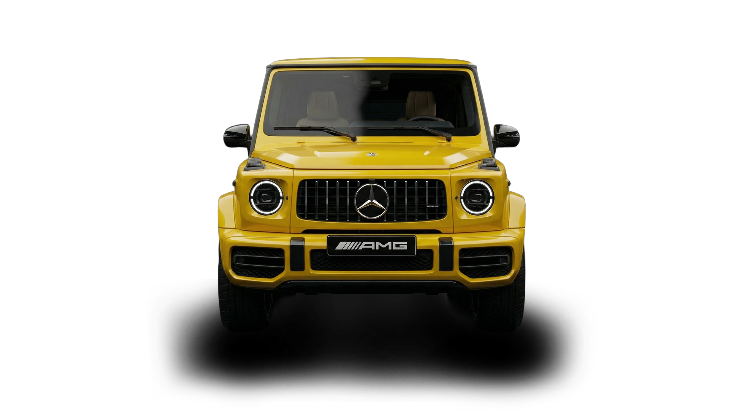 Front view of a yellow Mercedes-Benz G-Class SUV with AMG badge, black grille, and round headlights, isolated on a black background.