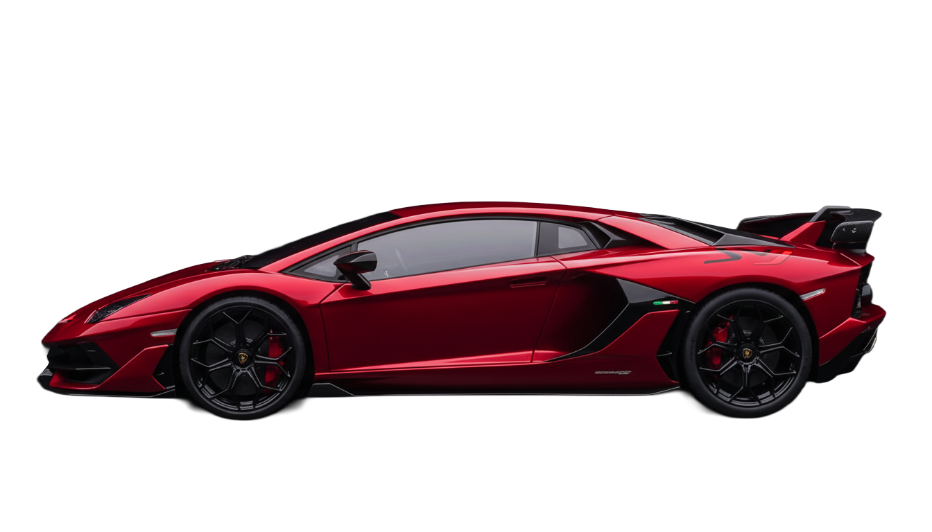 Red luxury sports car with black wheels and a rear spoiler, viewed in profile against a black background.