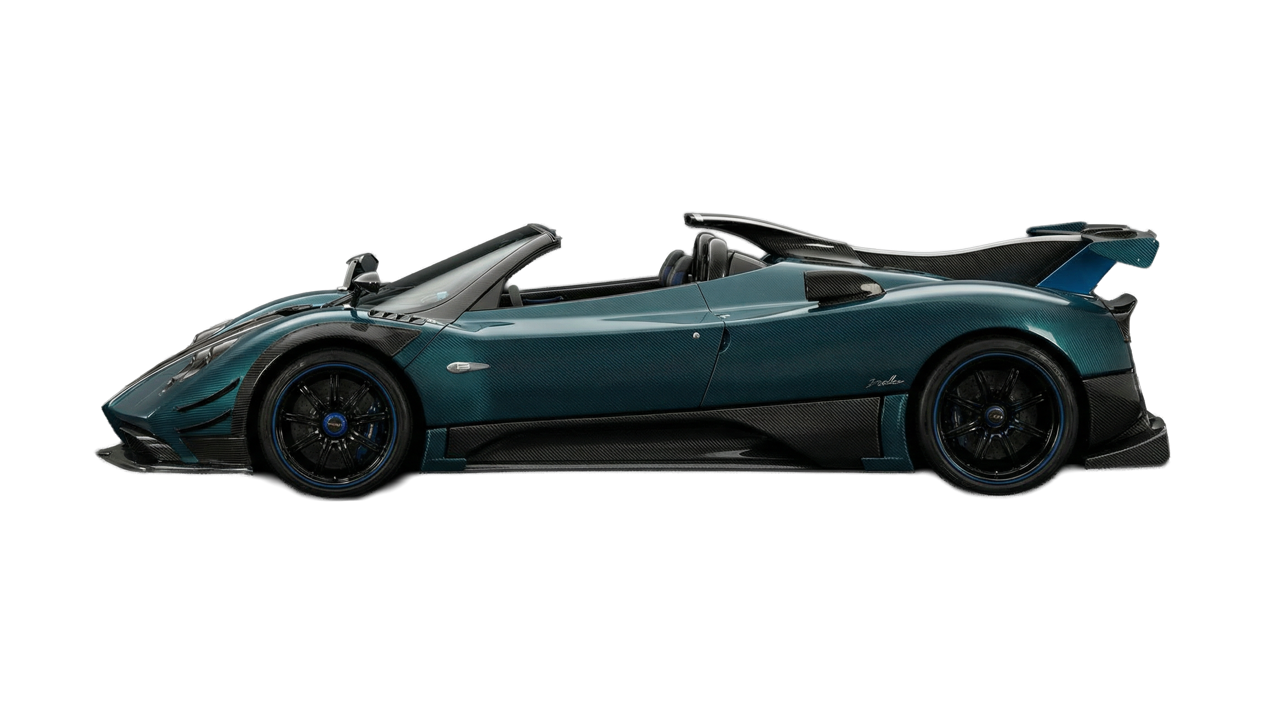 A sleek, modern sports car with a teal body, black accents, and aerodynamic design, set against a black background.