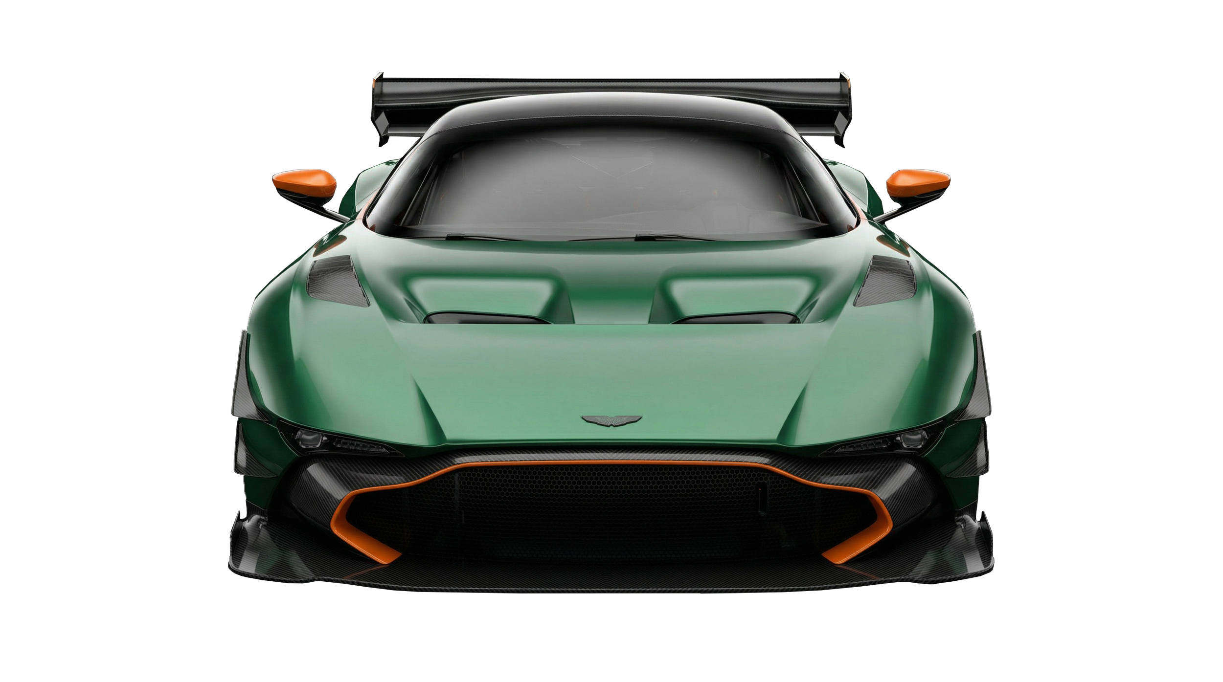 Front view of a green racing car with black and orange accents, sleek aerodynamic design, and a large rear wing.