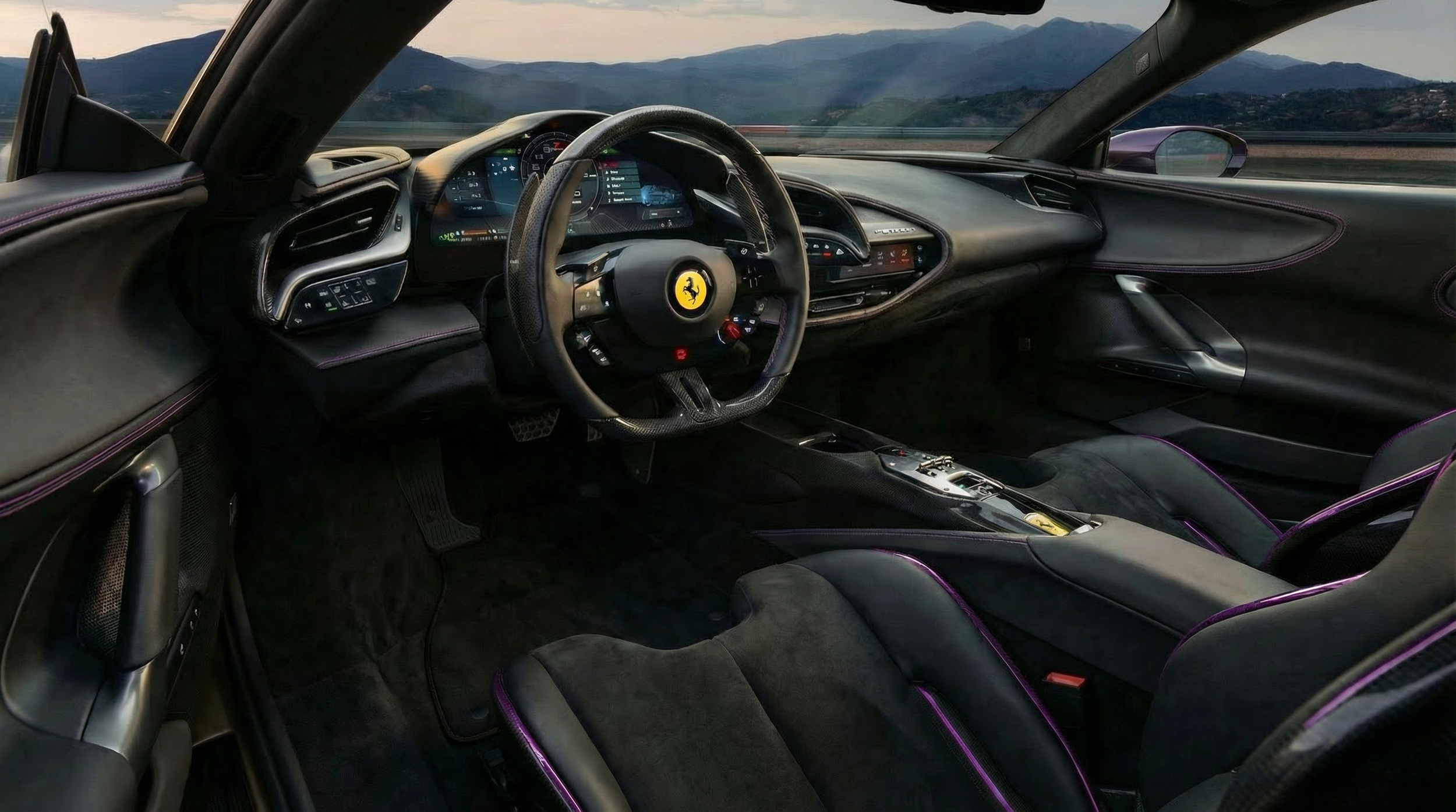 Inside view of a luxury Ferrari car's interior with black leather seats outlined in purple, a driver-centered dashboard with digital displays, and a sporty steering wheel with the Ferrari logo, overlooking a scenic mountain landscape.
