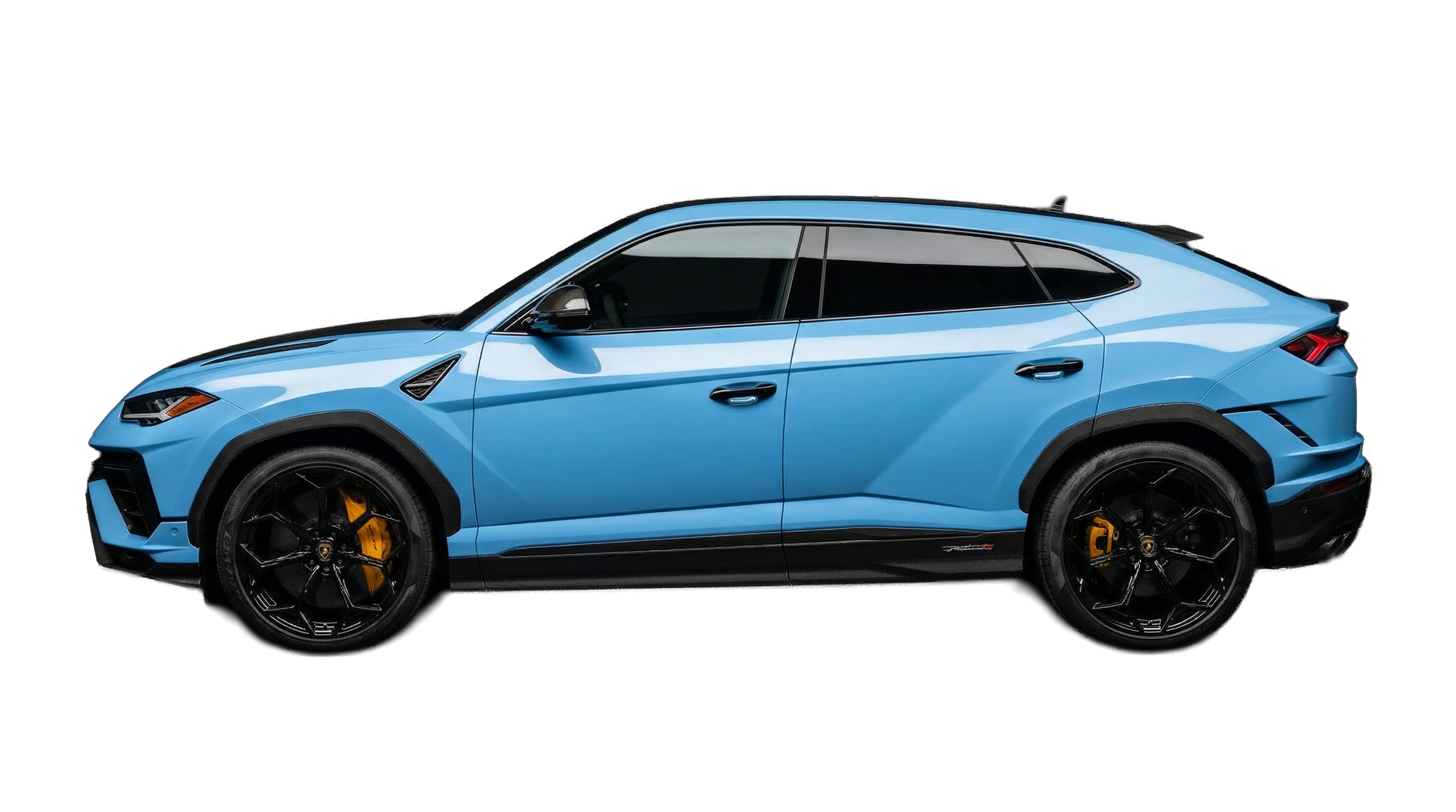 Side view of a blue luxury SUV with black and yellow wheels against a black background.