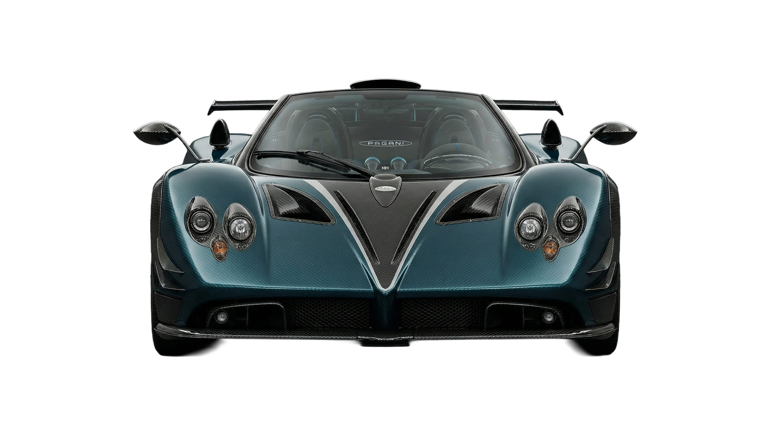 Front view of a blue Pagani supercar with black accents on a black background.