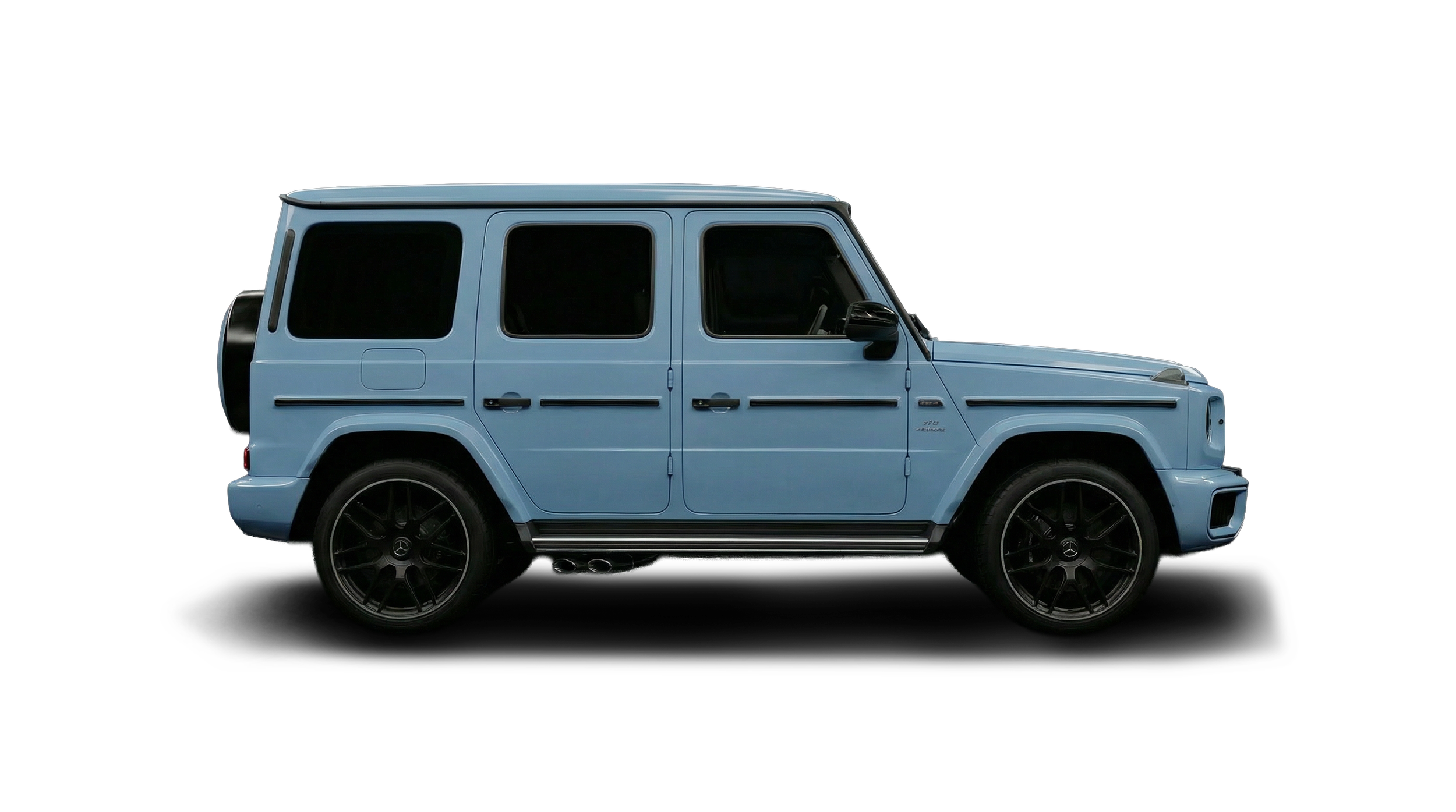 Side view of a light blue Mercedes-Benz G-Class SUV with black wheels and tinted windows, against a black background.