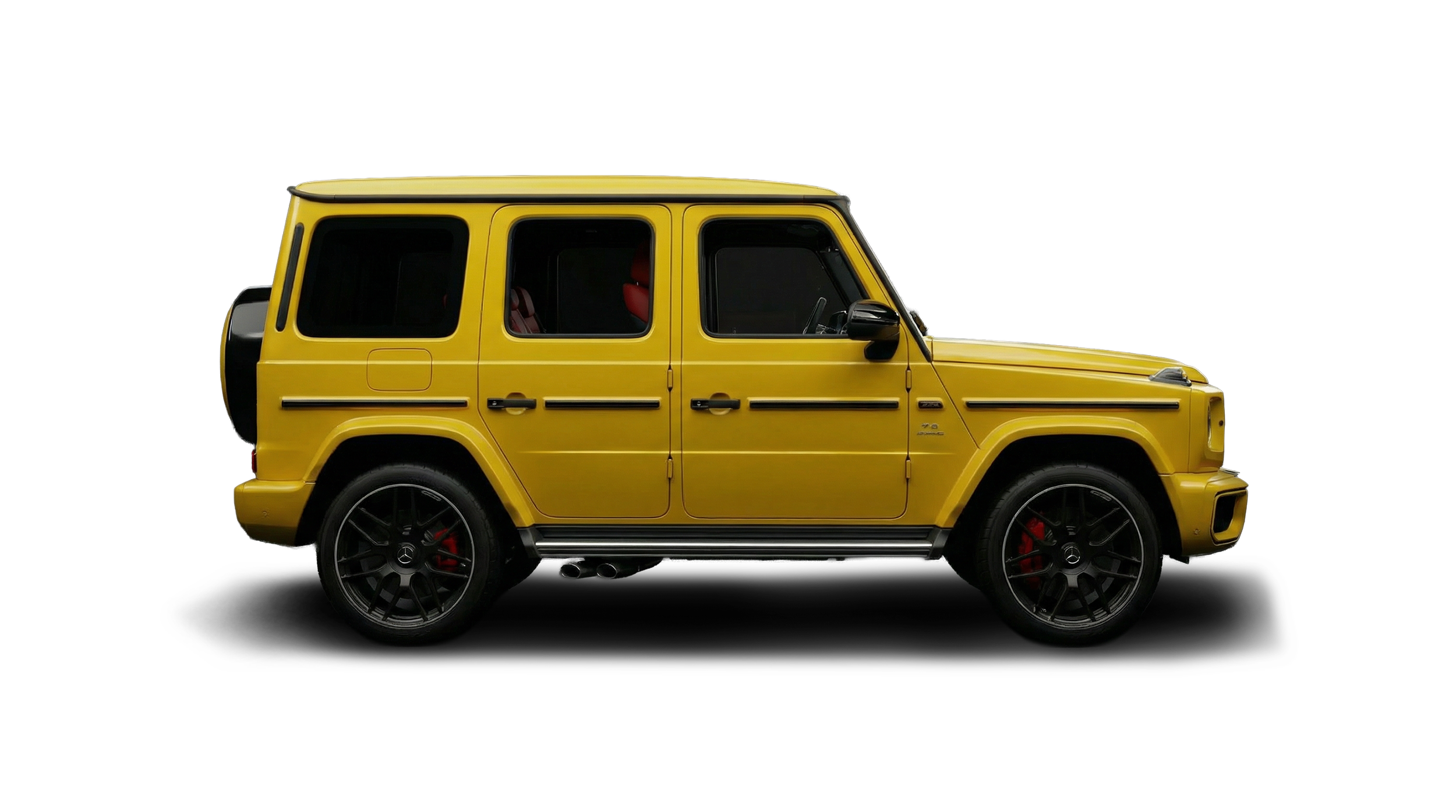 Yellow luxury SUV with black wheels and red brake calipers, side view against black background.
