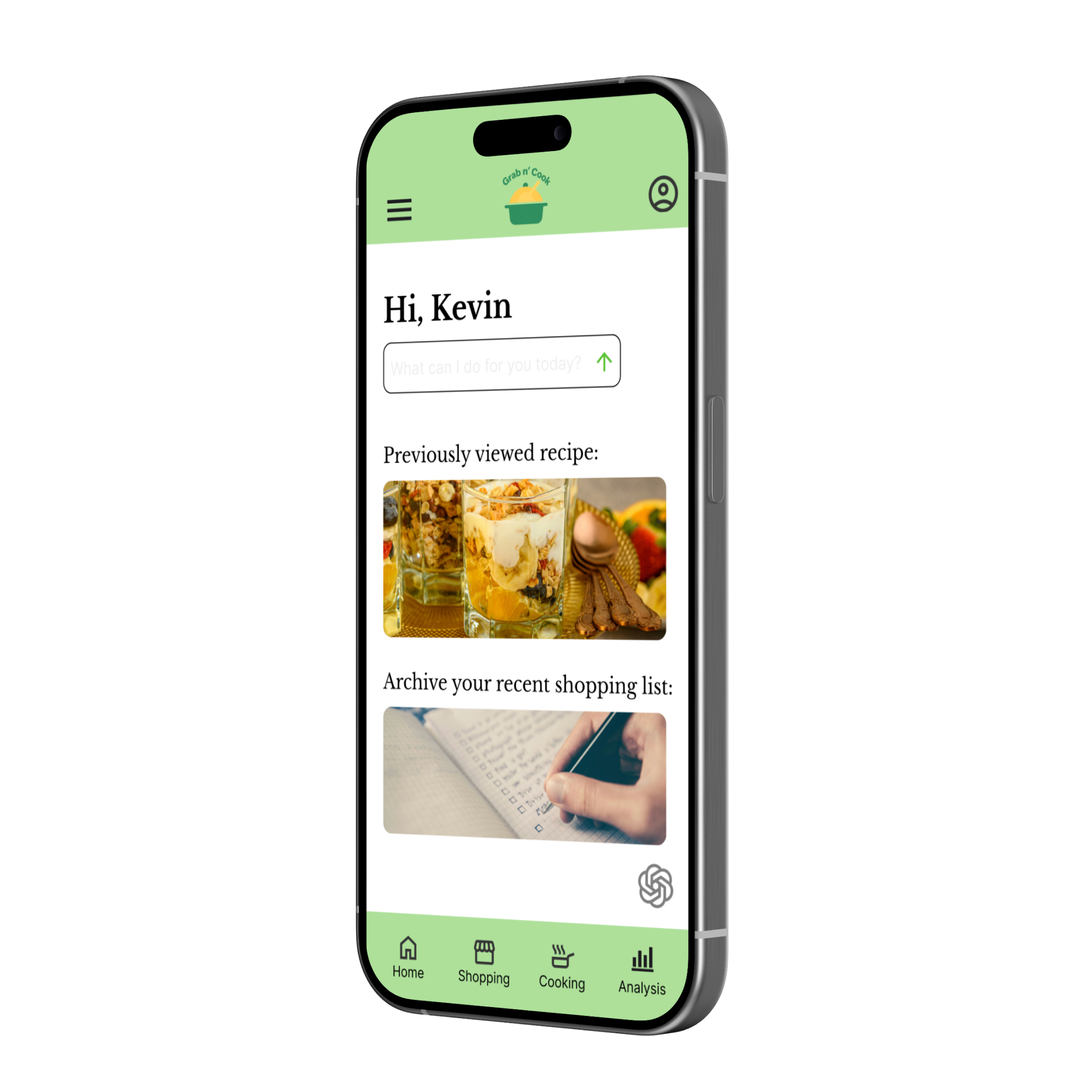 Smartphone displaying a food and shopping app with a green top and bottom menu, greeting 'Hi, Kevin,' and showing sections for previous recipes and shopping list, with icons for home, shopping, cooking, and analysis at the bottom.