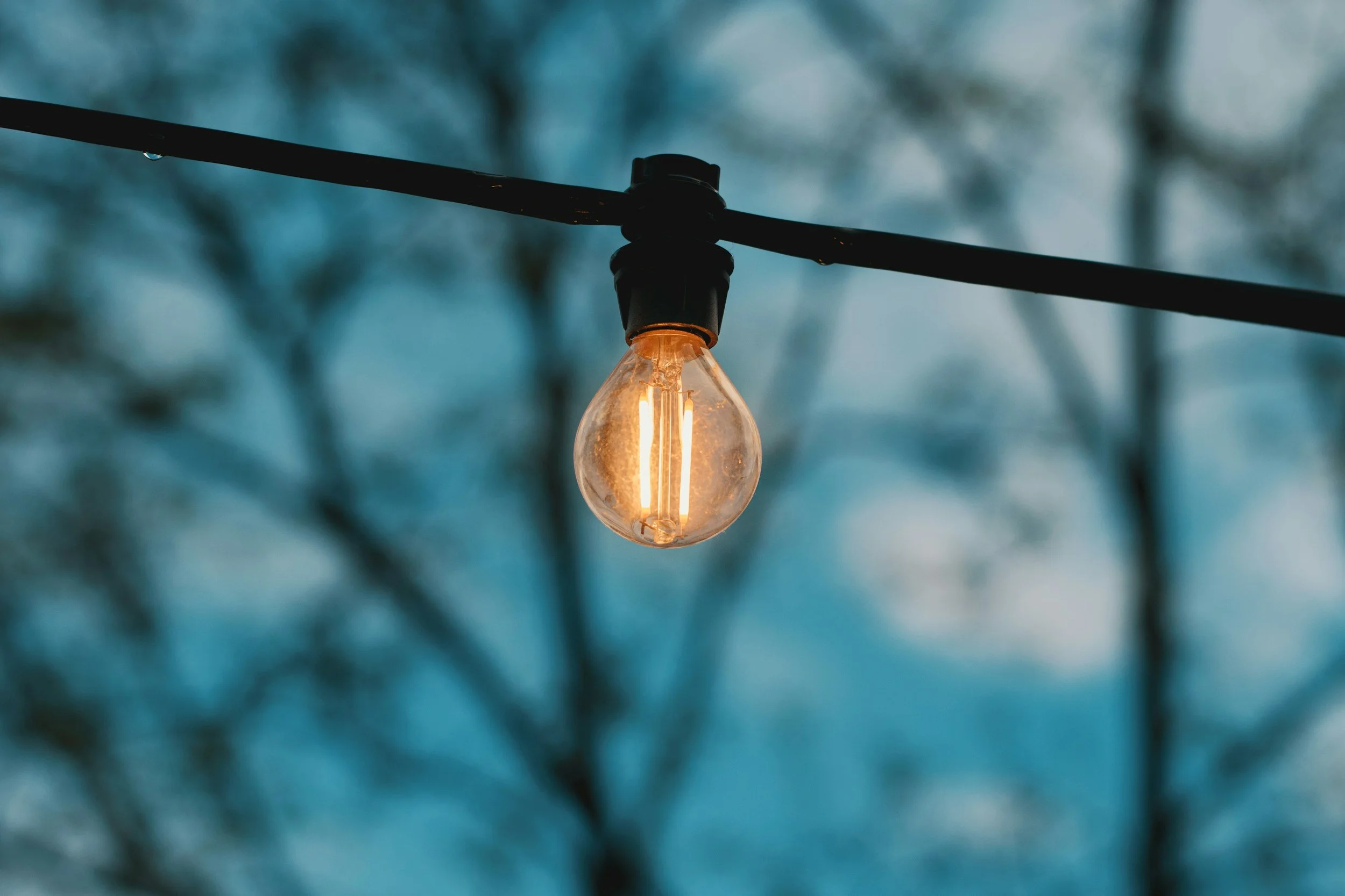 A glowing light bulb hanging outdoors against a blurred background of trees and sky.