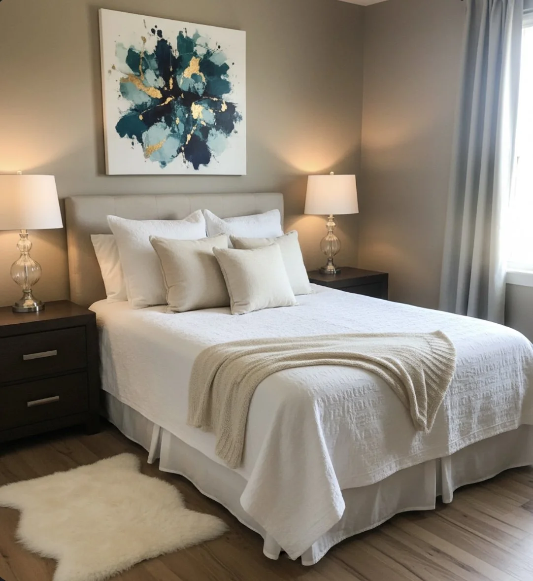 A cozy bedroom with a large bed decorated with white and beige pillows, a beige throw blanket, and a white bedspread. There are two dark wooden nightstands with glass lamps on either side of the bed. An abstract blue and gold painting hangs above the bed, and a small white furry rug is on the wooden floor near the bed. Light streams in through a window with white curtains.