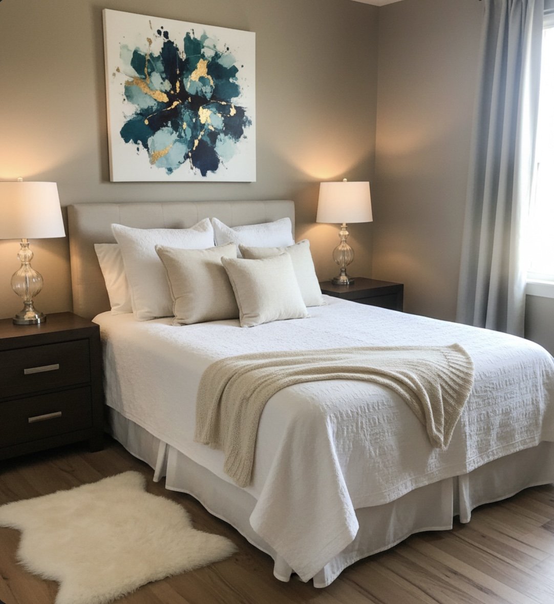 A cozy bedroom with a bed, white bedding, beige pillows, and a beige throw blanket, flanked by two dark wood nightstands with glass lamps. There is a white fluffy rug on the wooden floor, beige walls, a colorful abstract painting above the bed, and a window with light curtains.