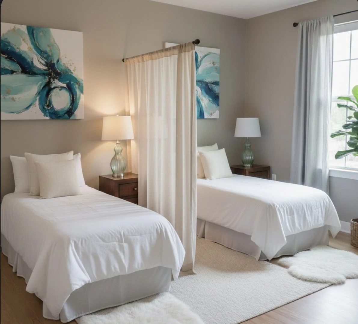 A bedroom with two twin beds separated by a nightstand, all in white bedding, with beige walls, abstract blue artwork on the wall, lamps on the nightstand, a window with white curtains, and a large plant near the window.