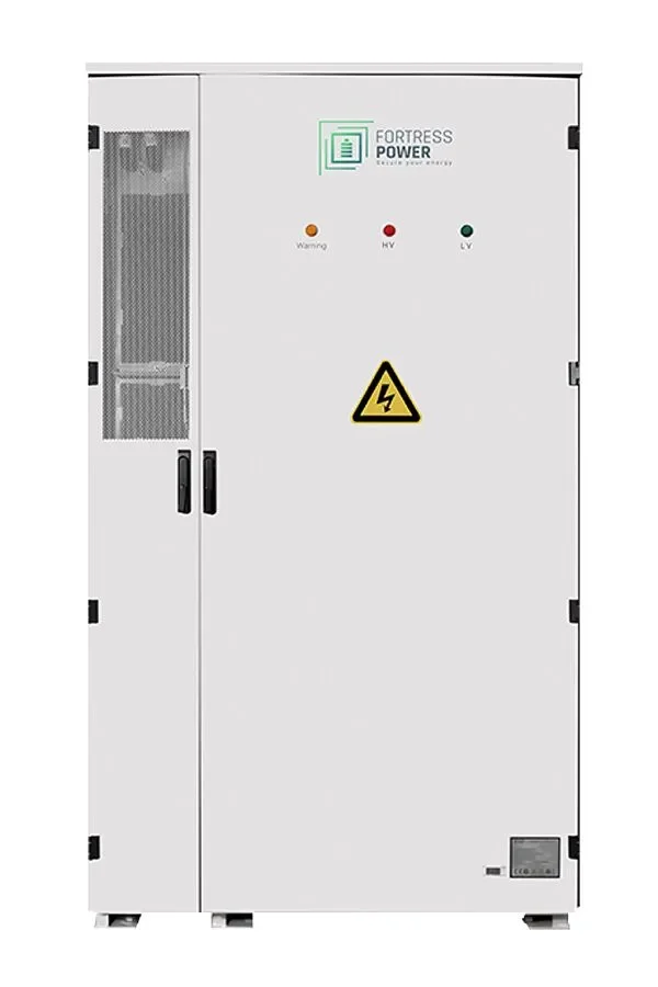 Large white electrical cabinet with warning and status indicator lights, and a logo for Fortress Power, featuring a lightning bolt warning sign on the front.