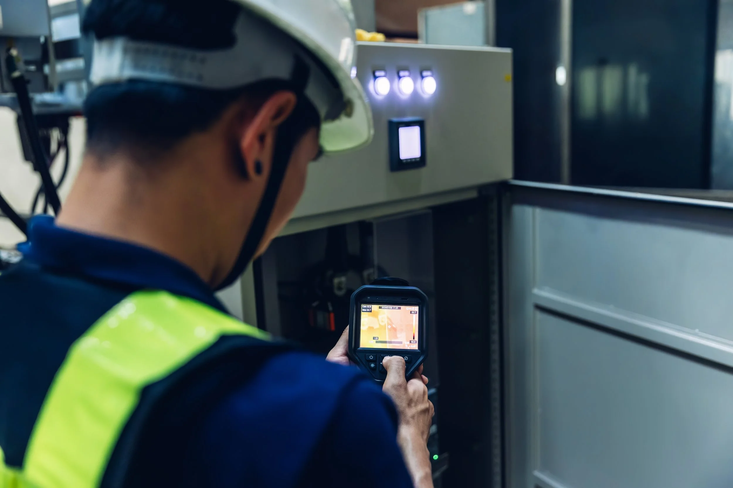 A worker wearing a safety helmet and vest is inspecting electrical equipment with a thermal imaging camera inside an industrial setting.