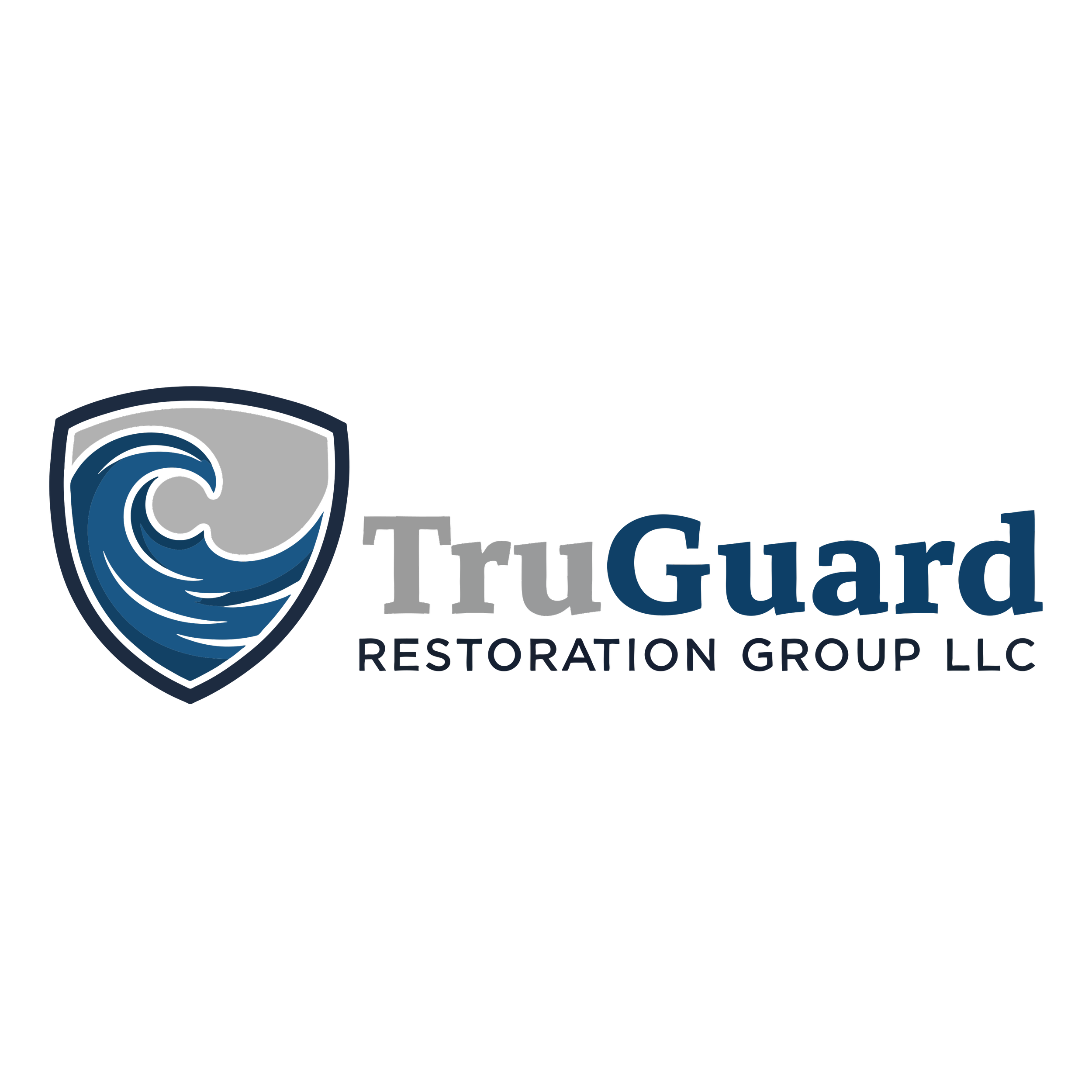 Logo for TruGuard Restoration Group LLC with a shield featuring a wave and the company name.