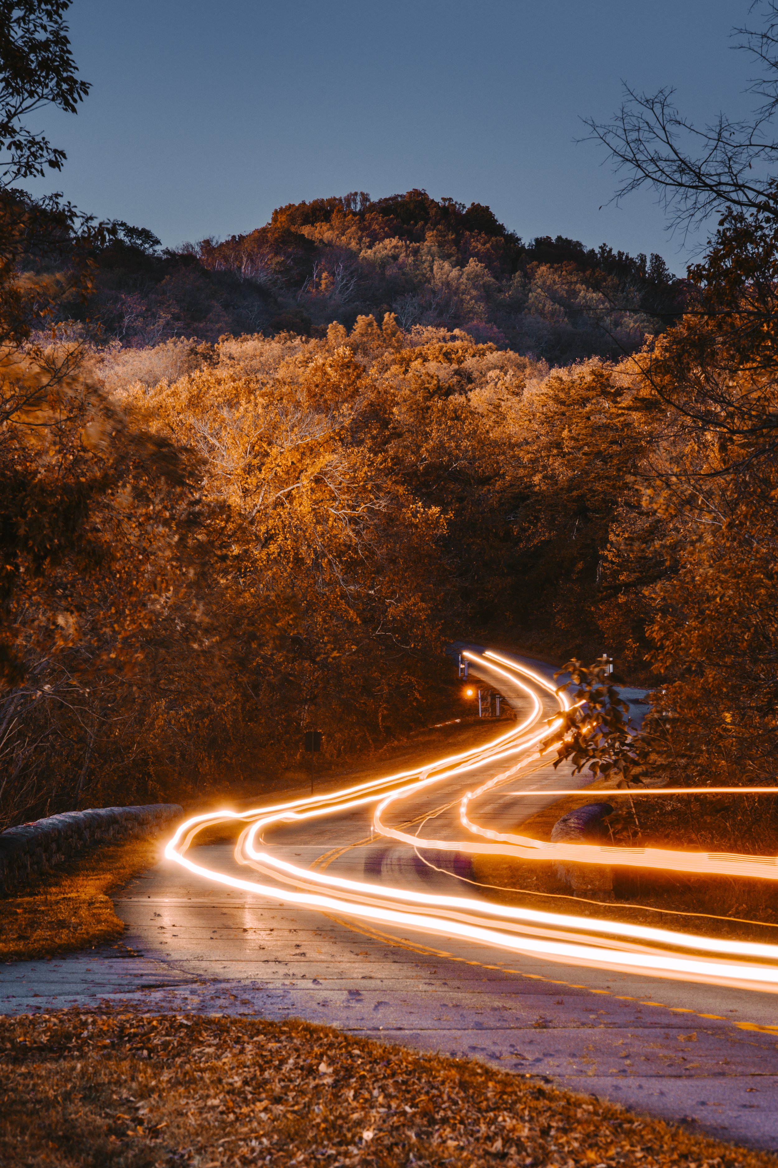 Long exposure photo of a winding mountain road at dusk, surrounded by trees with autumn-colored leaves, with light trails of passing cars.